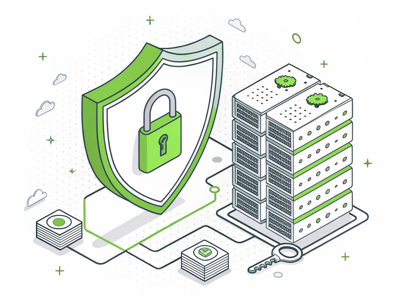 Shield and padlock protecting a stack of servers from a ransomware attack