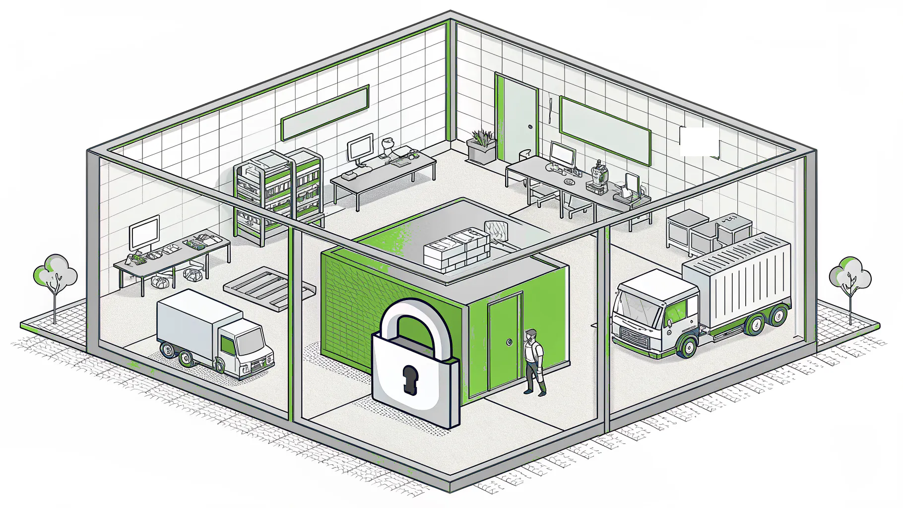 A locked vault room in the middle of an open company floor, showing that a passing 800-171 score covers the enclave and not the rest of the business