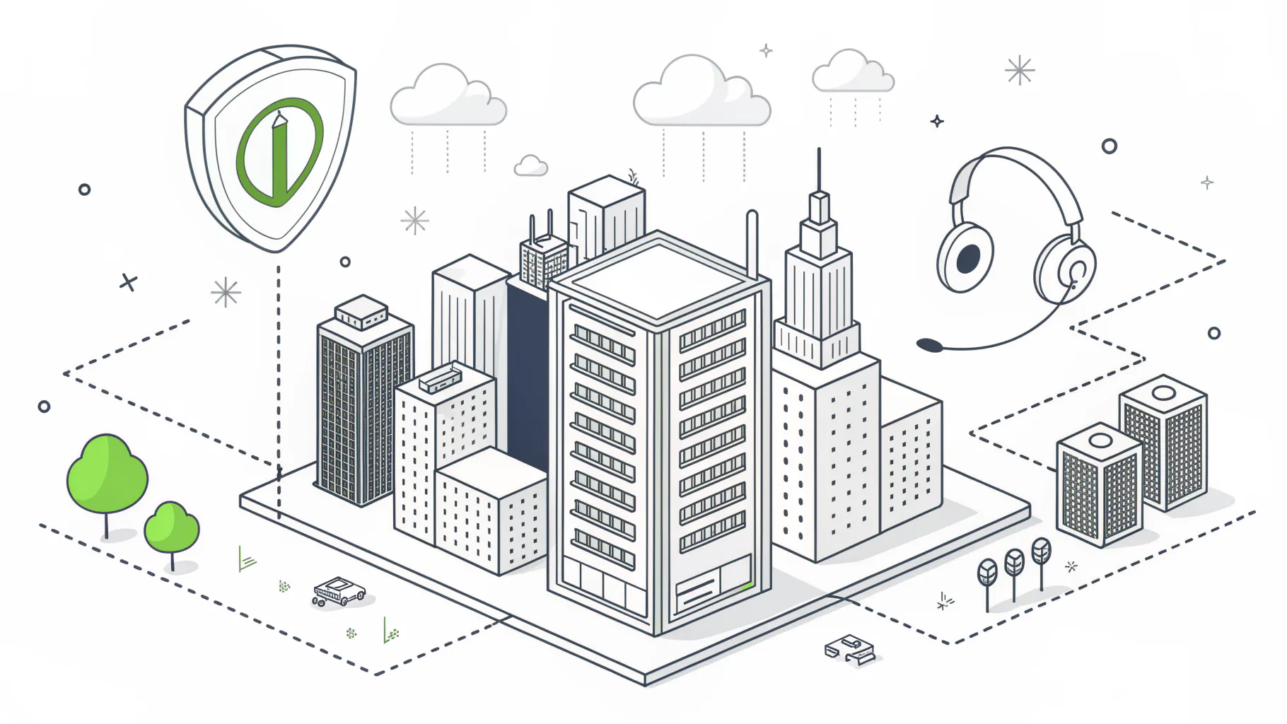 Isometric illustration of a city skyline with a protected server rack, a support headset, and cloud icons