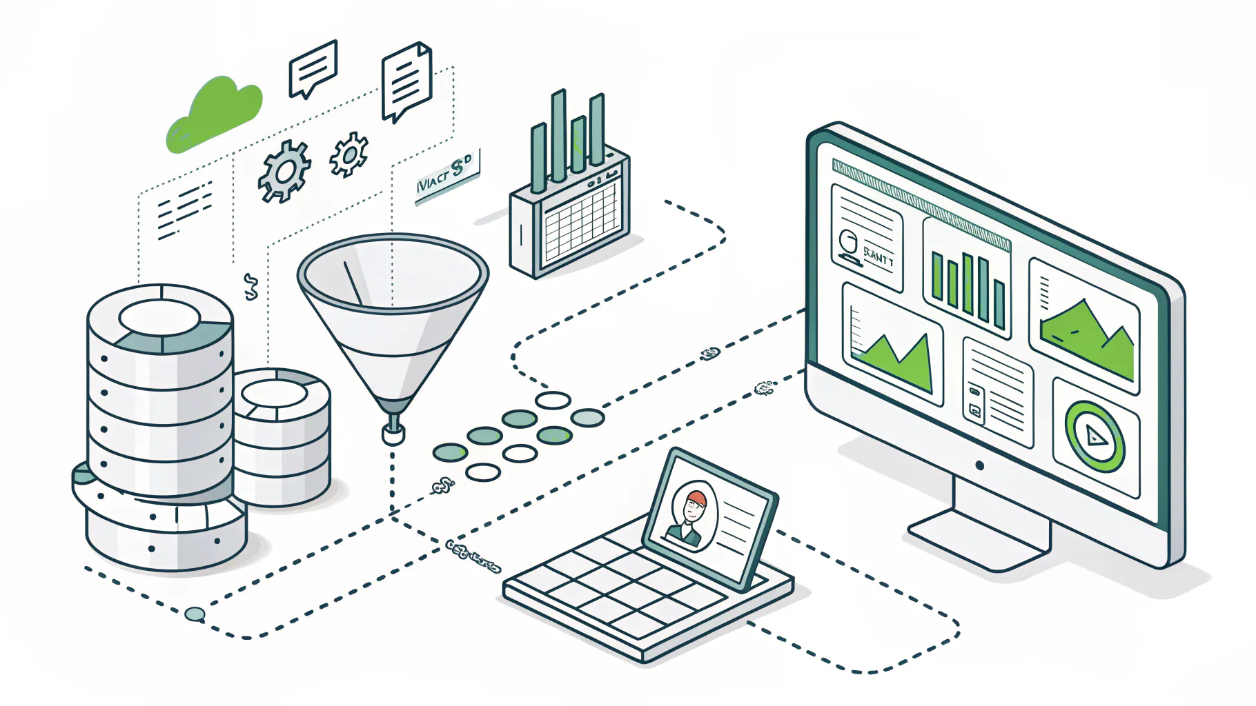 Scattered ERP, spreadsheet, CRM, and MES data sources converging into a single Power BI dashboard