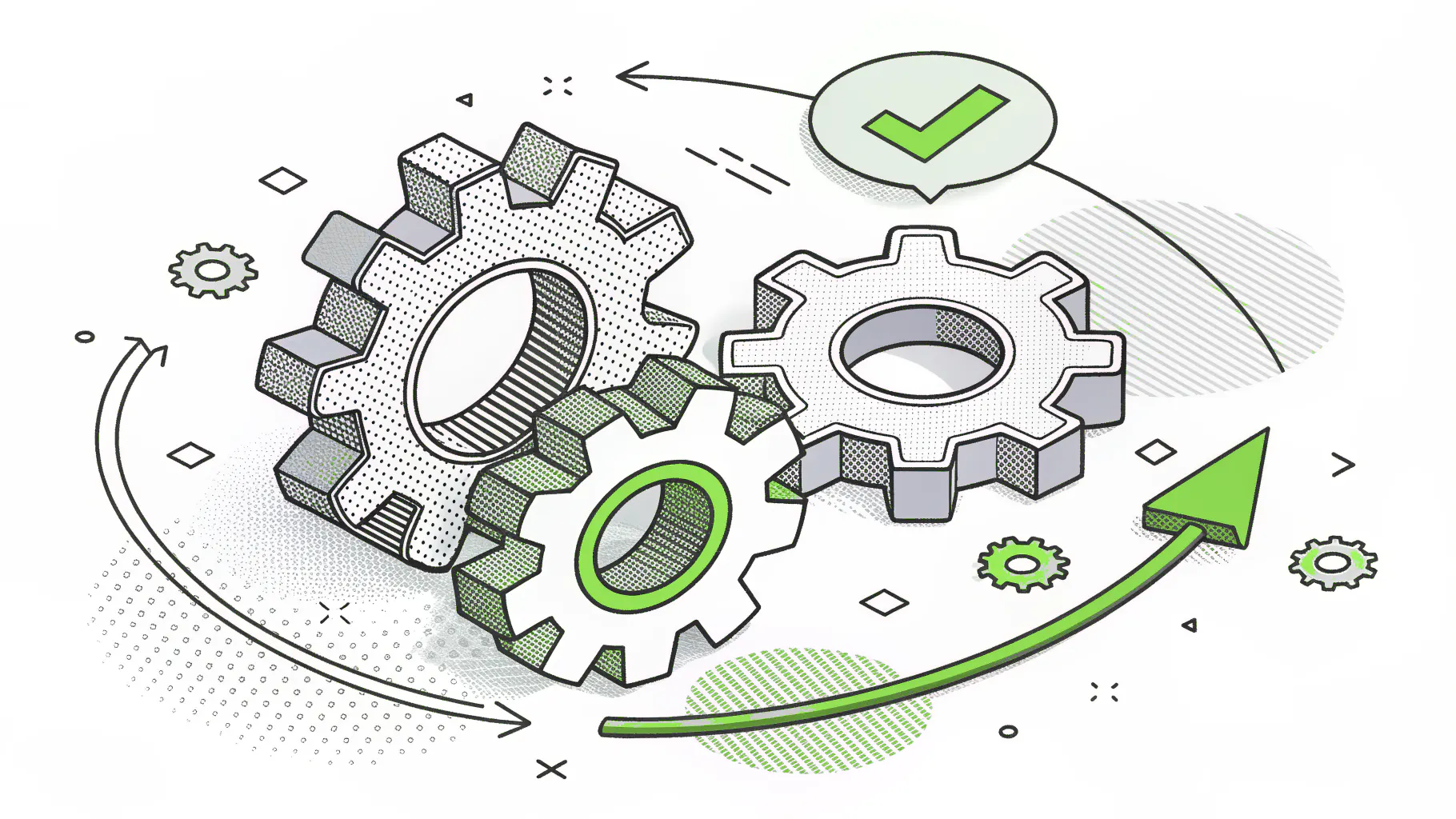 Meshed gears circled by a green arrow with a check mark, representing a recovery test cycle