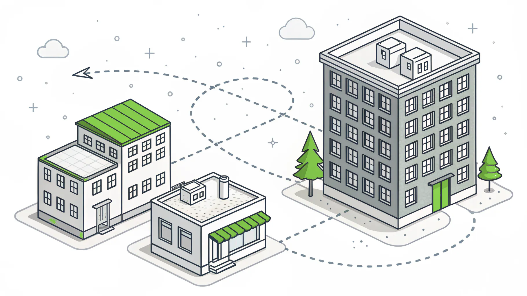 Small office buildings linked by dashed paths to a larger tower, representing local MSPs being acquired into a national platform