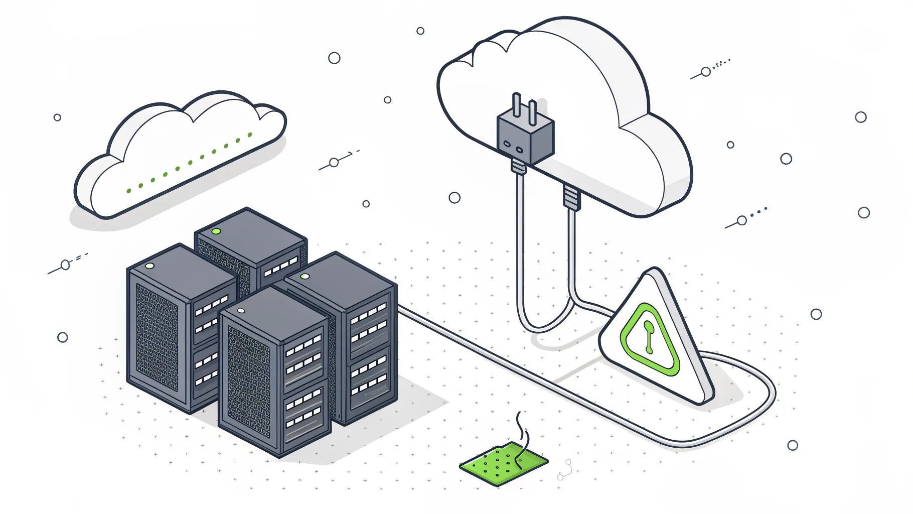 A cloud disconnected from its power source above dark server racks, representing a cloud provider data center outage
