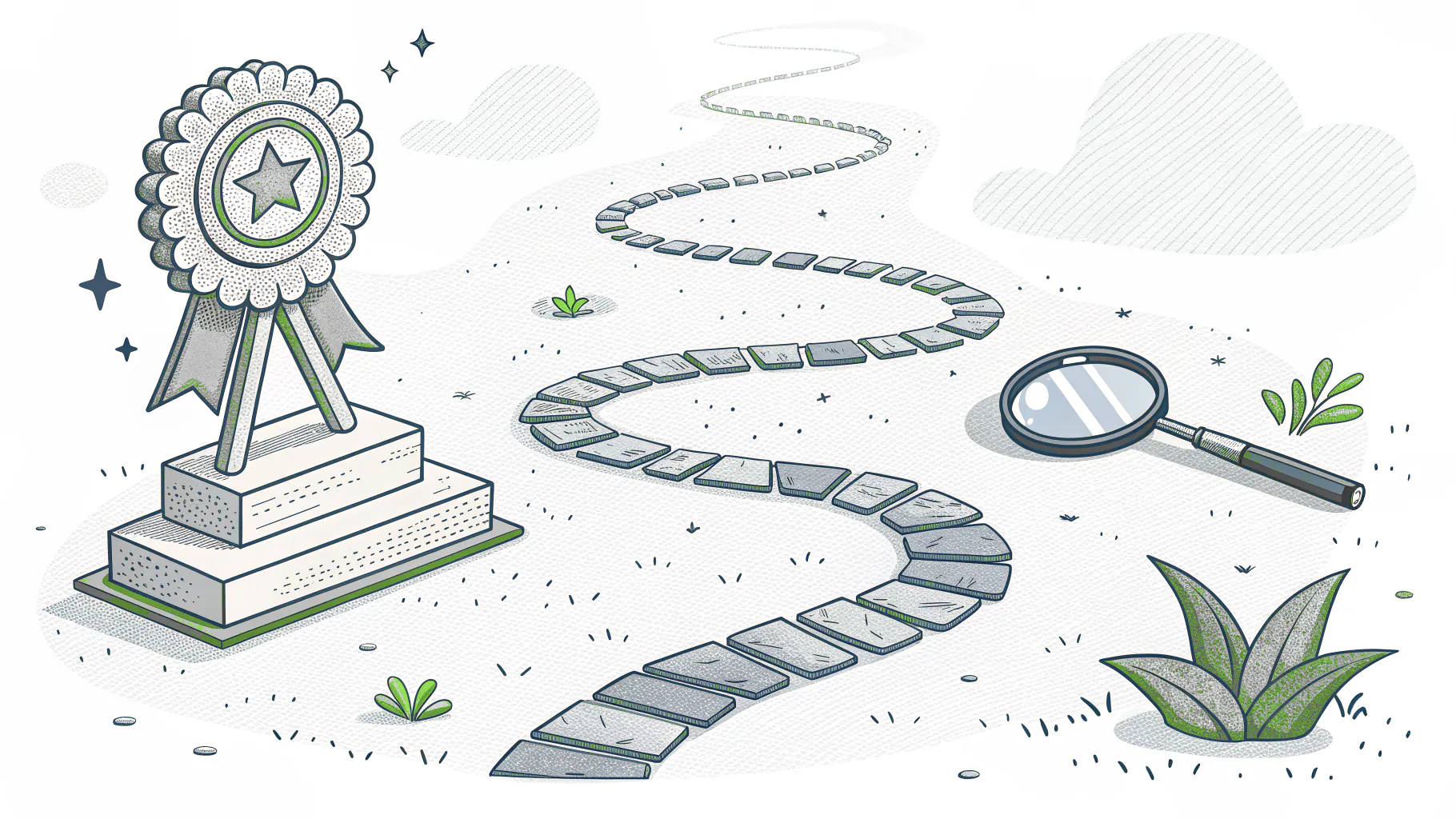 A path of stepping stones leading to a certification award badge, with a magnifying glass beside it
