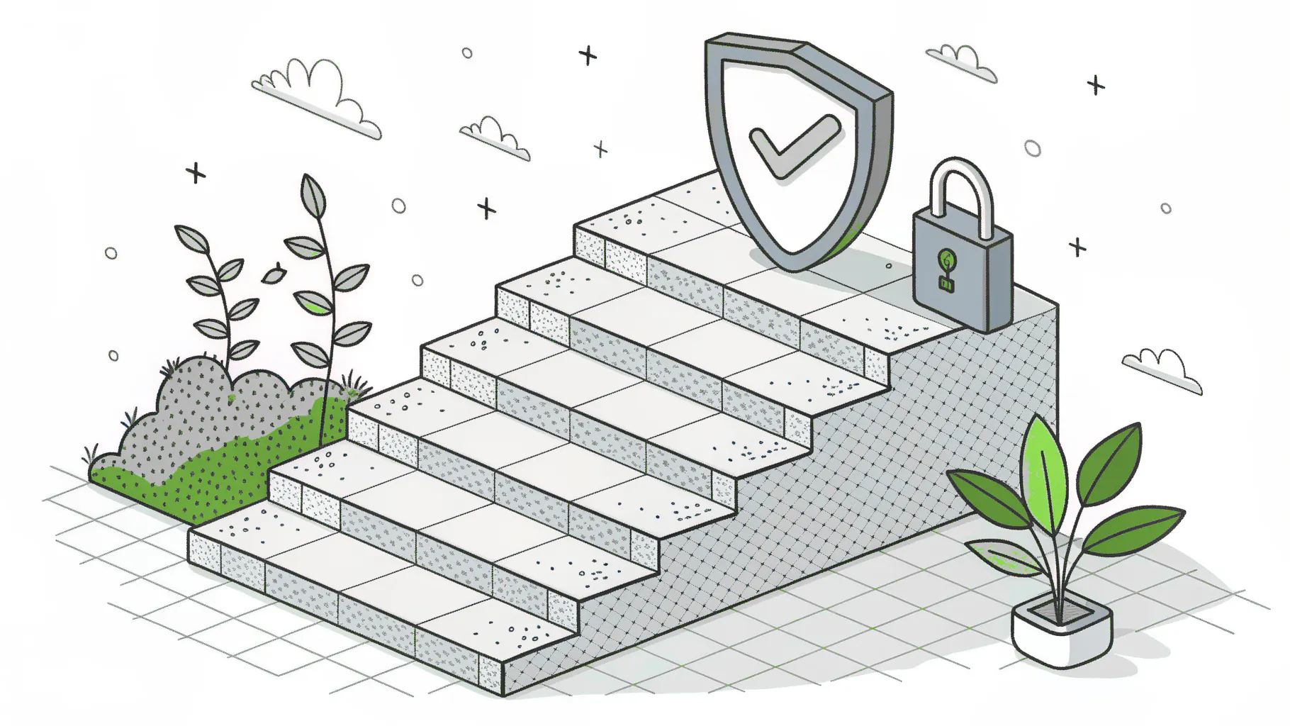 Stone steps rising toward a shield with a checkmark and a padlock, representing a phased NIST cybersecurity framework implementation