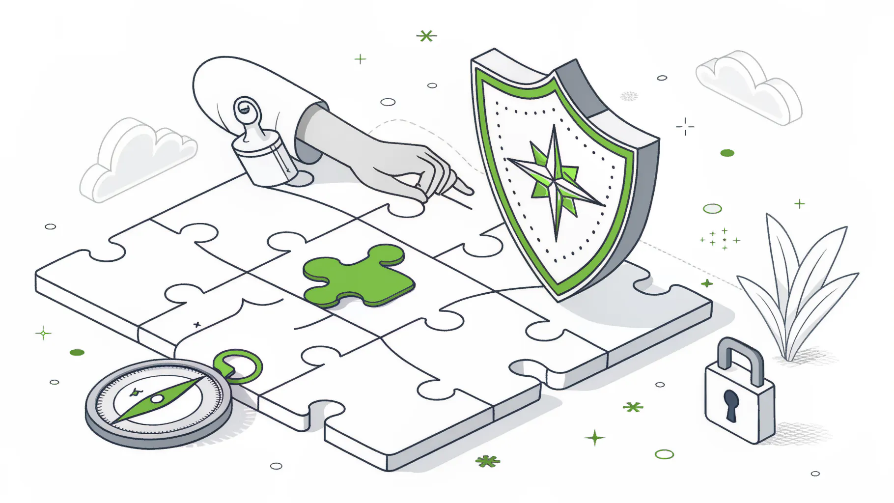A hand placing the last piece of a puzzle beside a security shield, with a compass and padlock nearby, representing a security program coming together