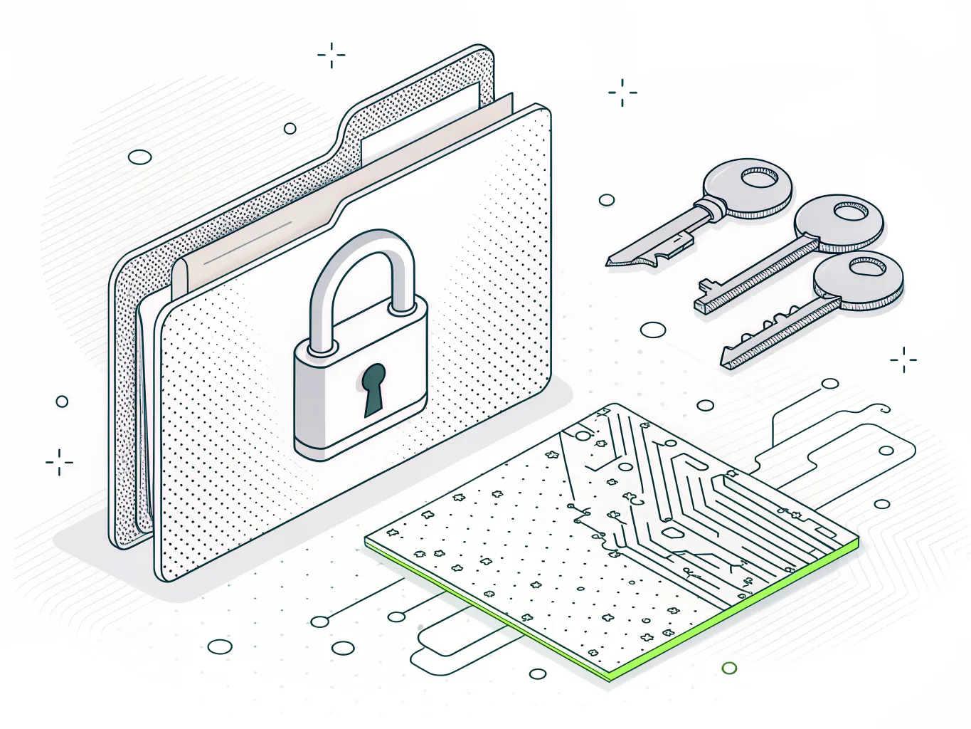 Line illustration of a closed file folder secured with a padlock, three keys floating beside it, and a printed circuit board