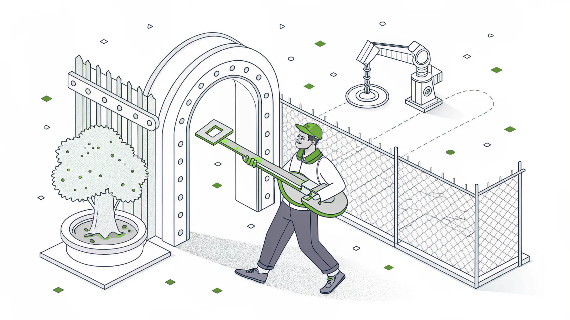 A technician carrying a key through a single gated archway toward one fenced robotic arm cell, representing limited vendor remote access
