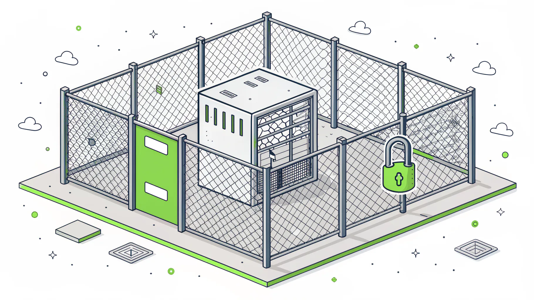 A small fenced enclave holding a server rack, representing a scoped environment for controlled unclassified information