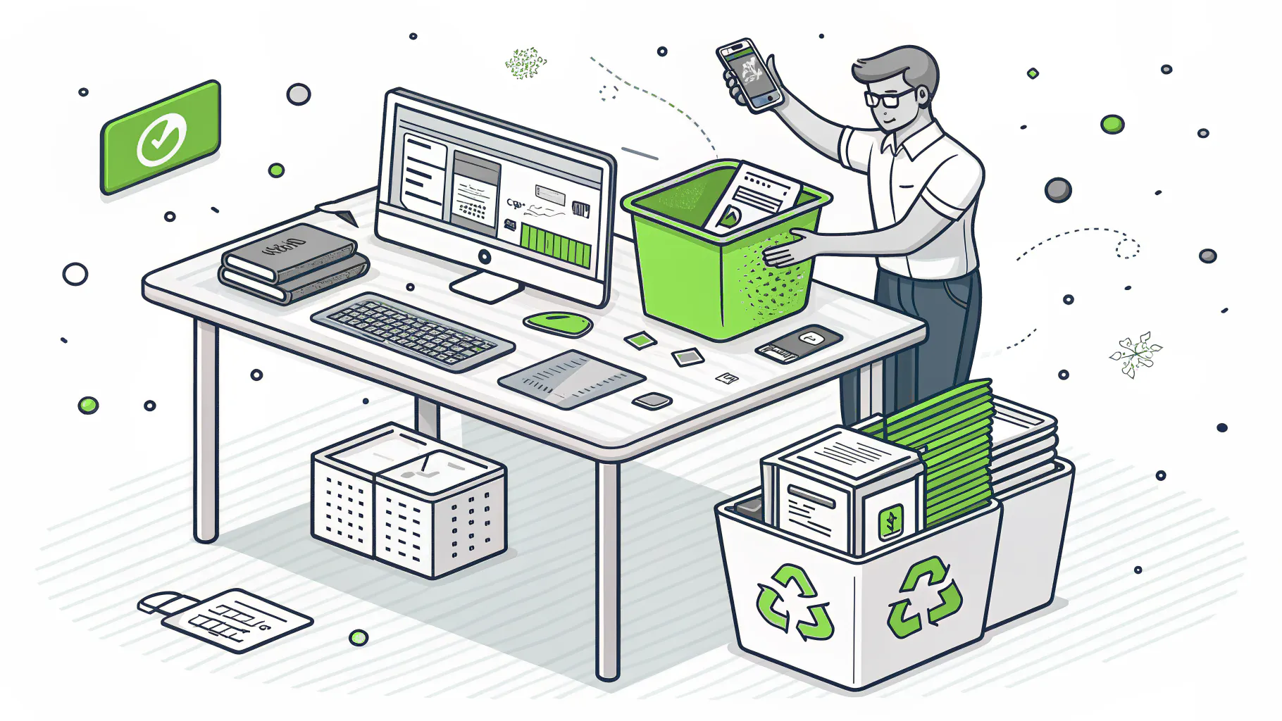 A person dropping old software into a green bin beside a recycling box full of retired tools, representing retiring tools when new ones are added