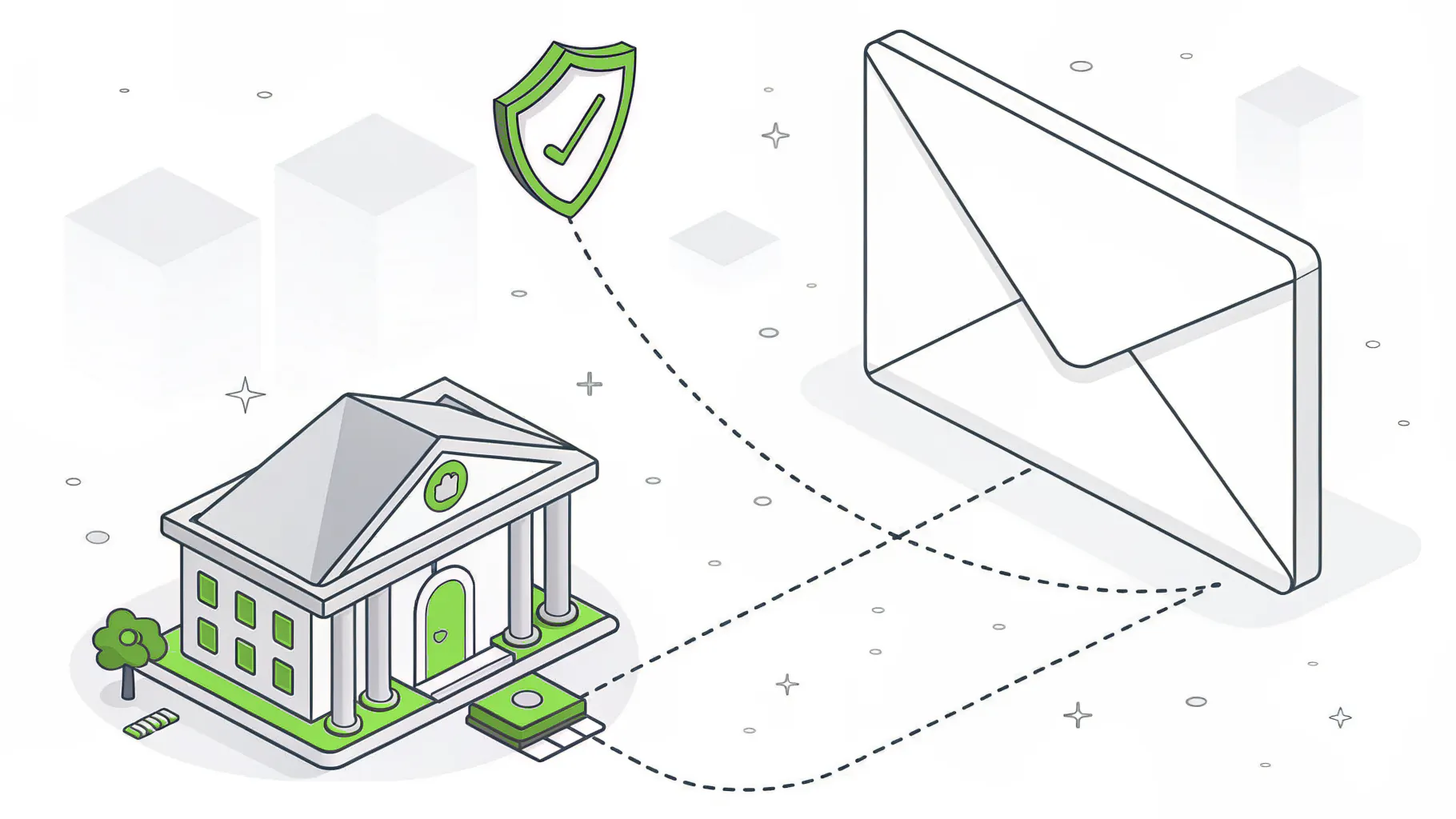 An email envelope linked to a bank building by dashed lines, with a green shield guarding the path, representing protection against business email compromise and wire fraud