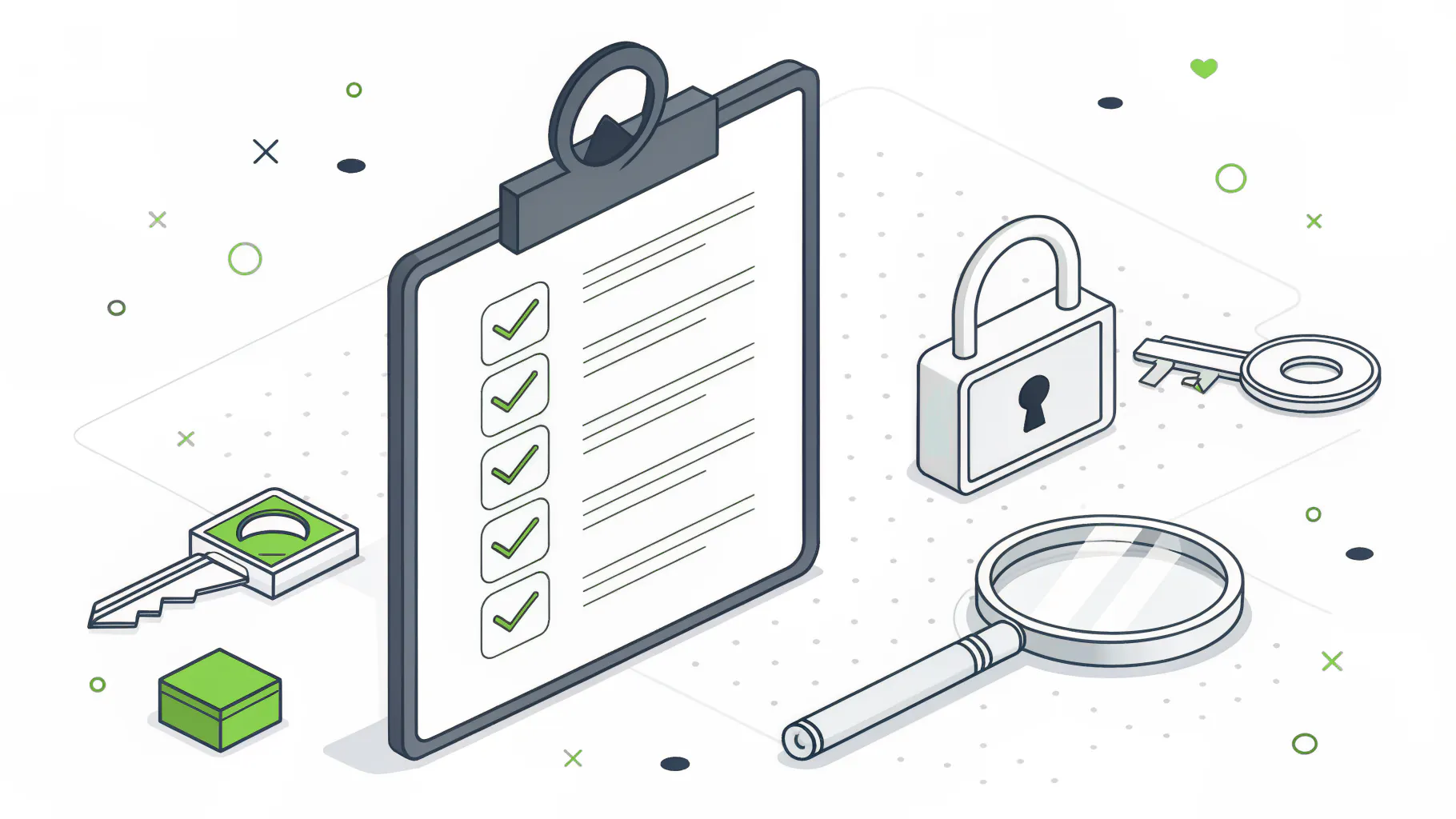 A checklist clipboard beside a padlock, a key and a magnifying glass, representing the controls every compliance framework shares