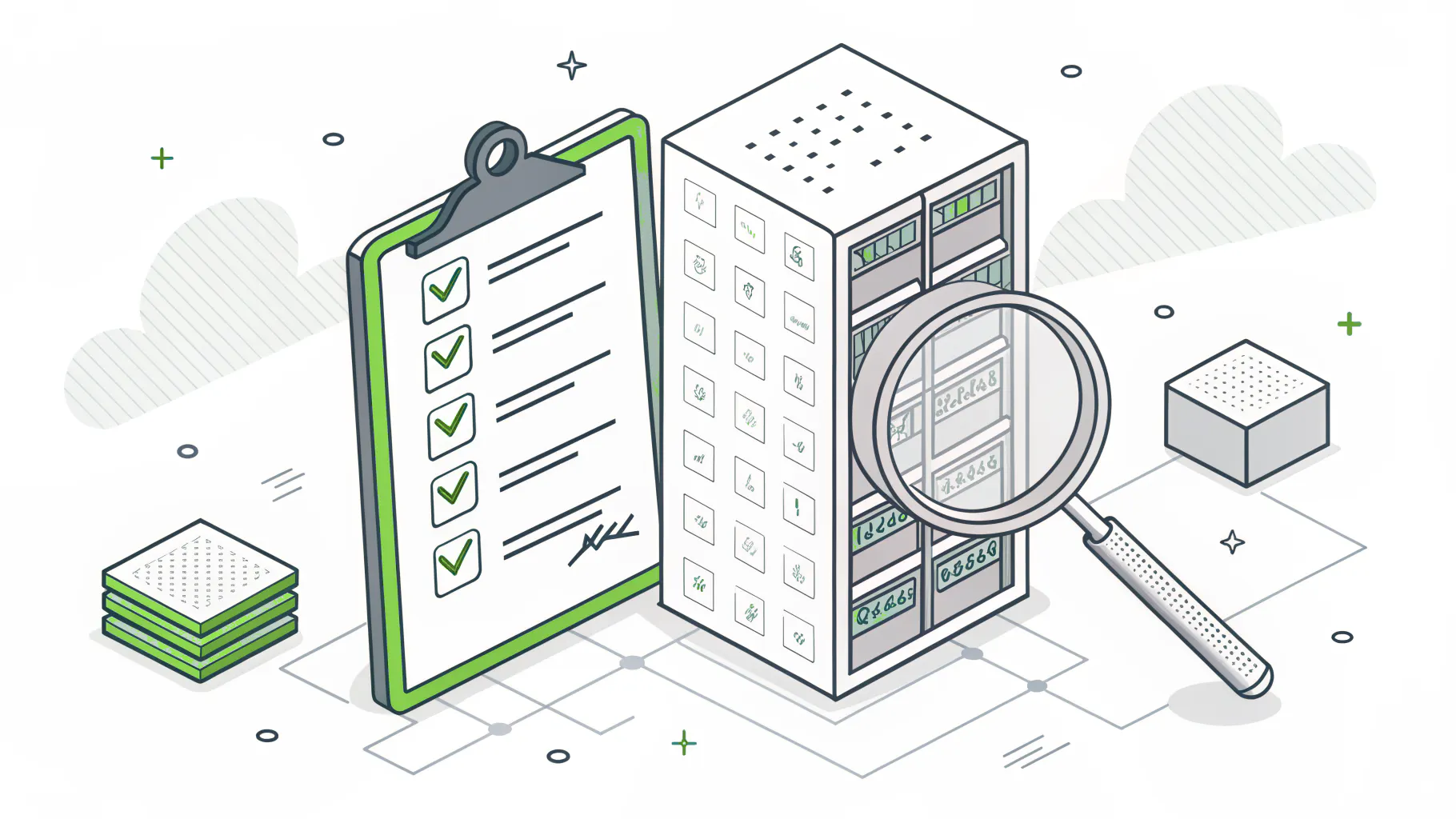 Compliance checklist beside a server rack under a magnifying glass, representing SEMI E187 documentation and evidence review