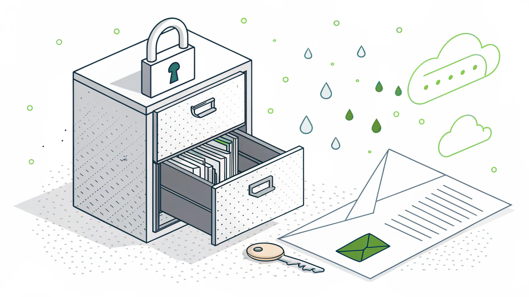 Broken padlock on an open envelope beside an unsecured file cabinet, representing where electronics manufacturers fail ITAR IT requirements