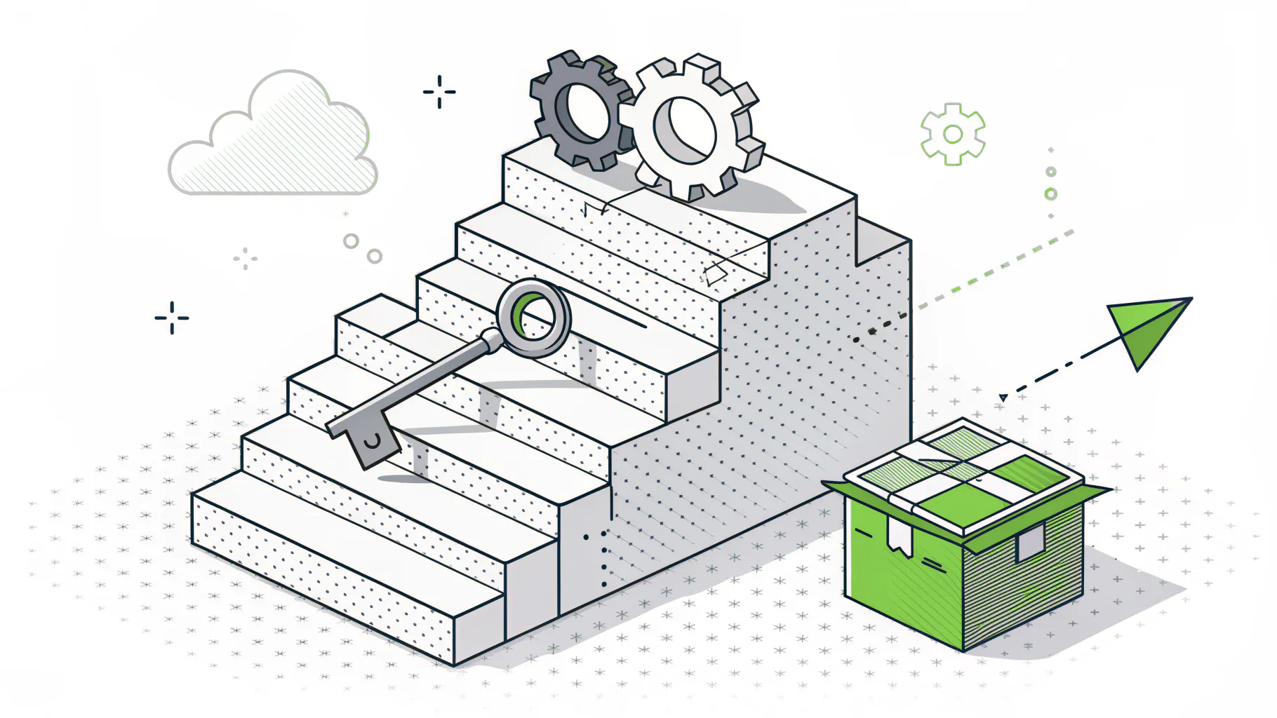 A key at the base of a staircase of blocks with gears at the top and a shipping box beside it, representing restoring identity first and business systems after
