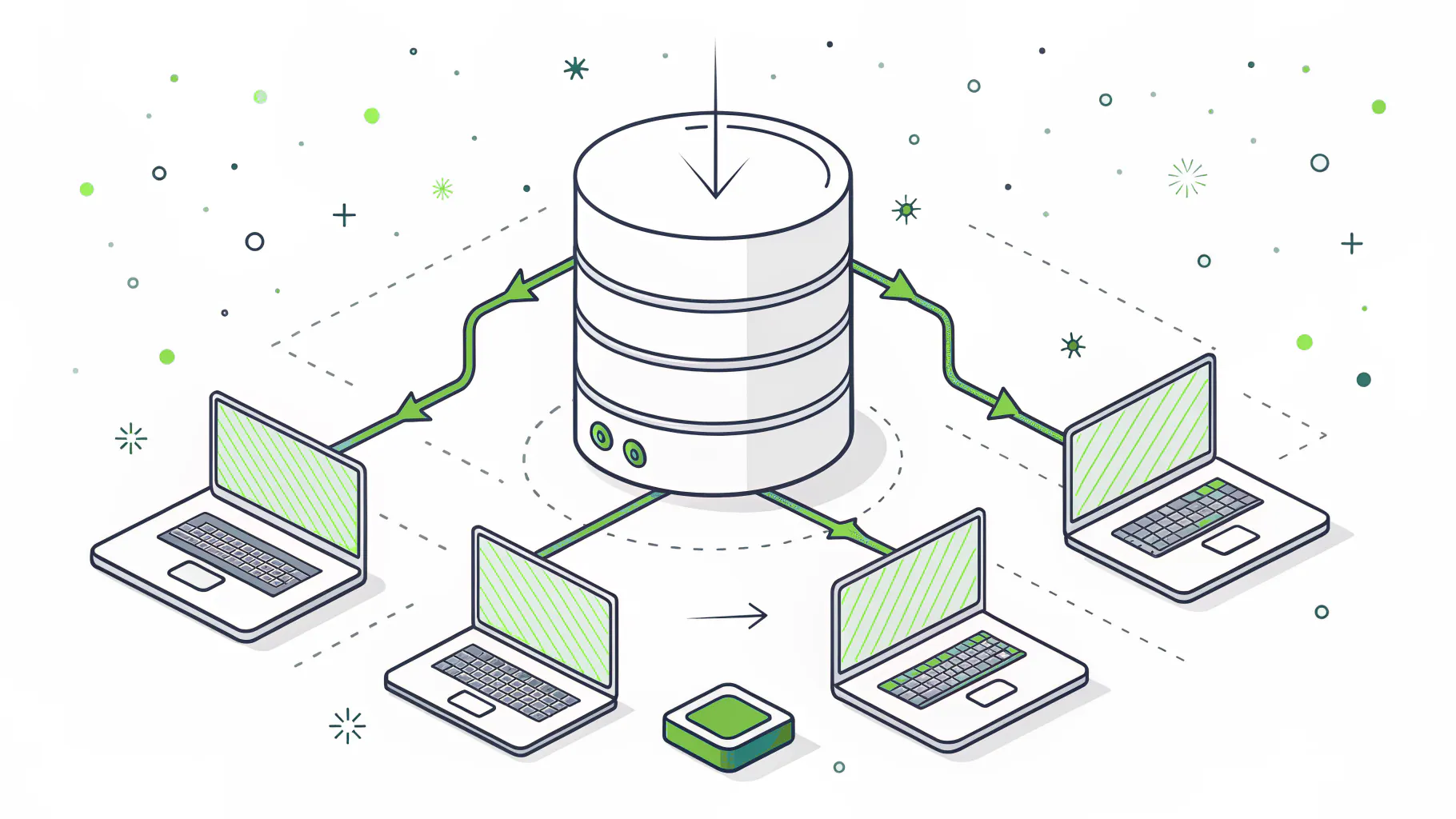 Illustration of three separate systems feeding one central data warehouse
