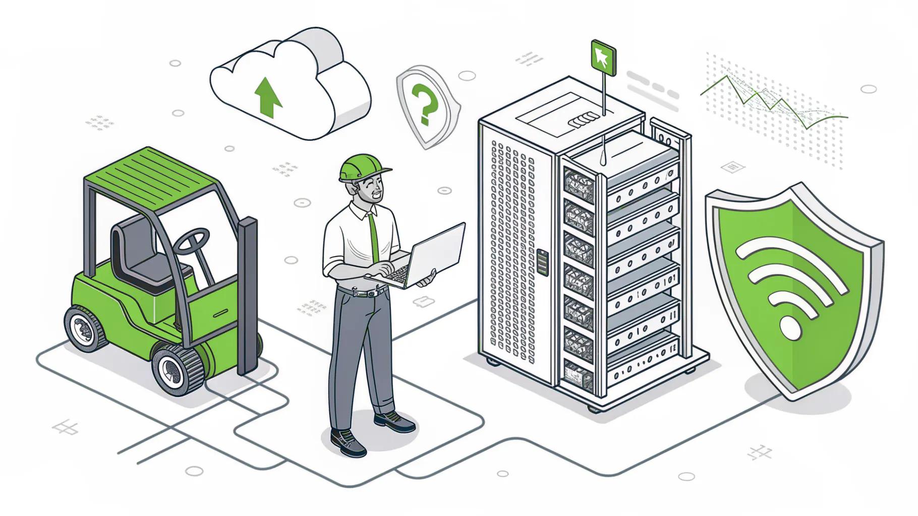 IT support technician with a laptop beside a server rack, a forklift, and a security shield