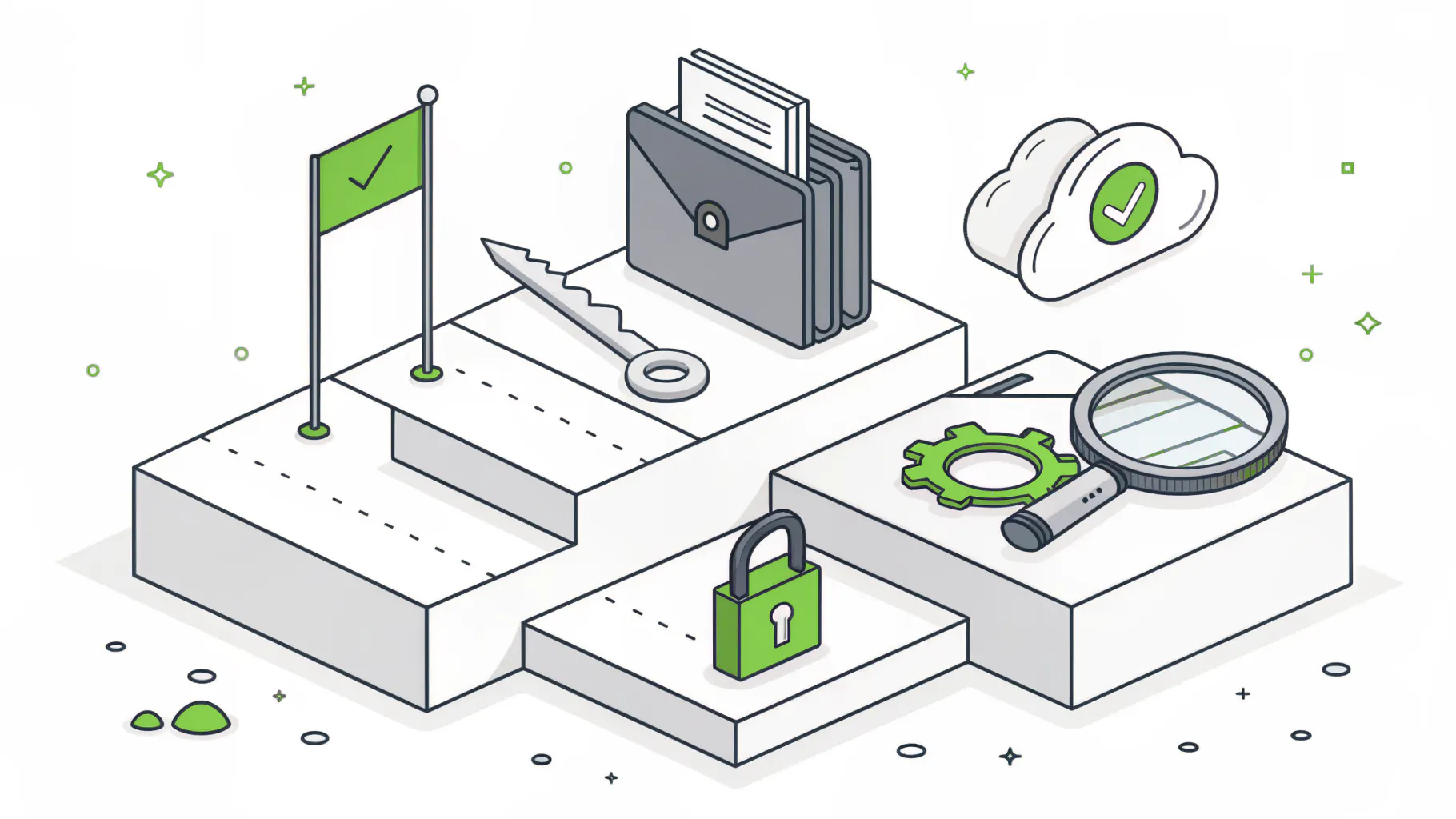 Connected platforms holding a magnifying glass, a padlock, a folder of documents, and a flag, representing a 90-day vCISO compliance plan from assessment to evidence