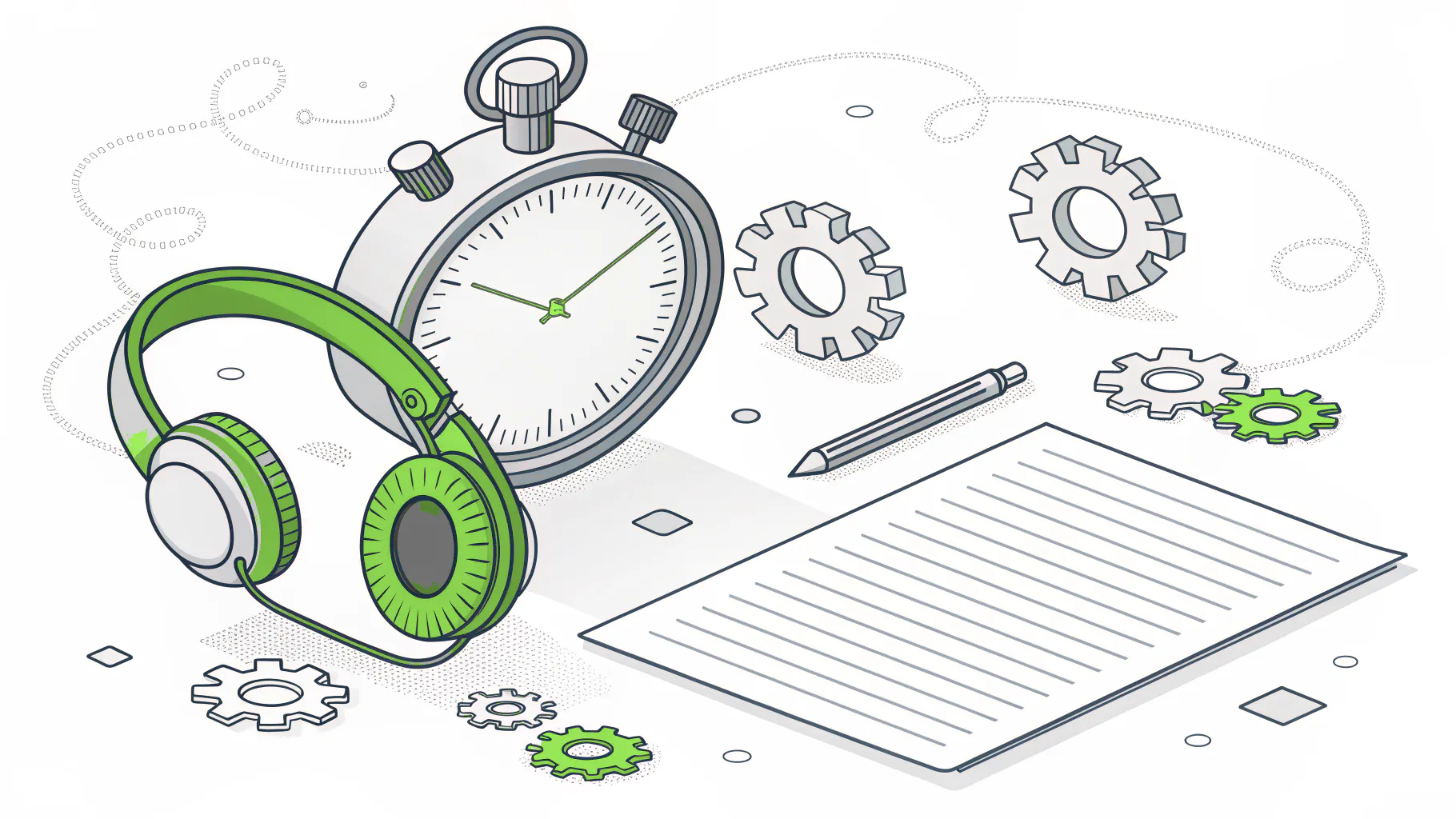 A stopwatch beside a support headset and a lined sheet of paper, representing when the SLA clock starts, pauses, and stops