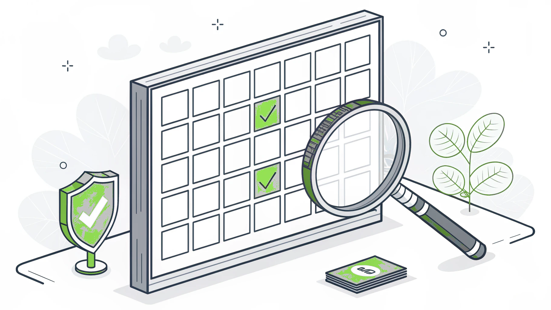 Illustration of a magnifying glass inspecting highlighted tiles on a matrix board beside a security shield