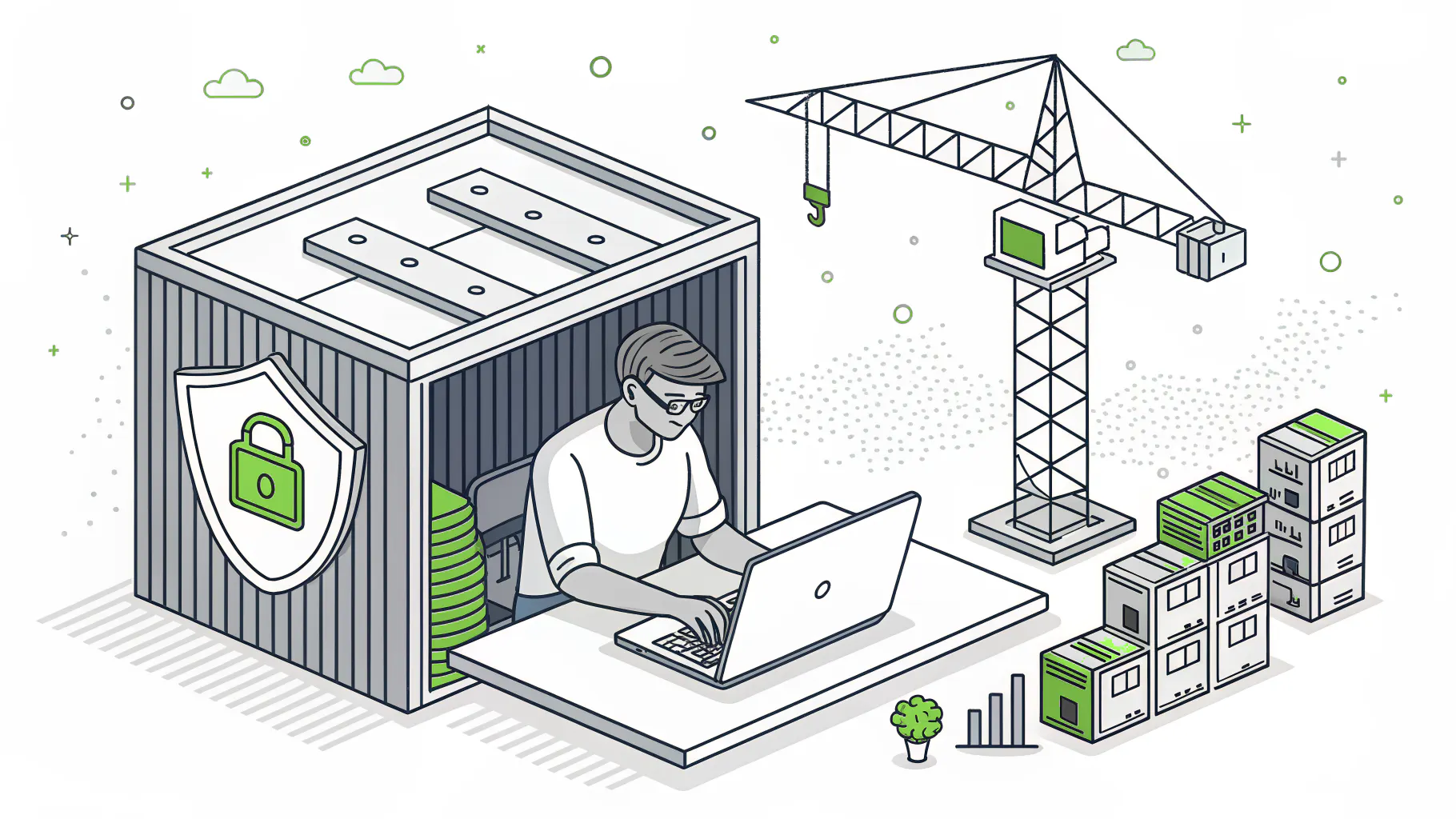IT support technician working at a laptop in a harbor office with a security shield, shipping containers, and a port crane