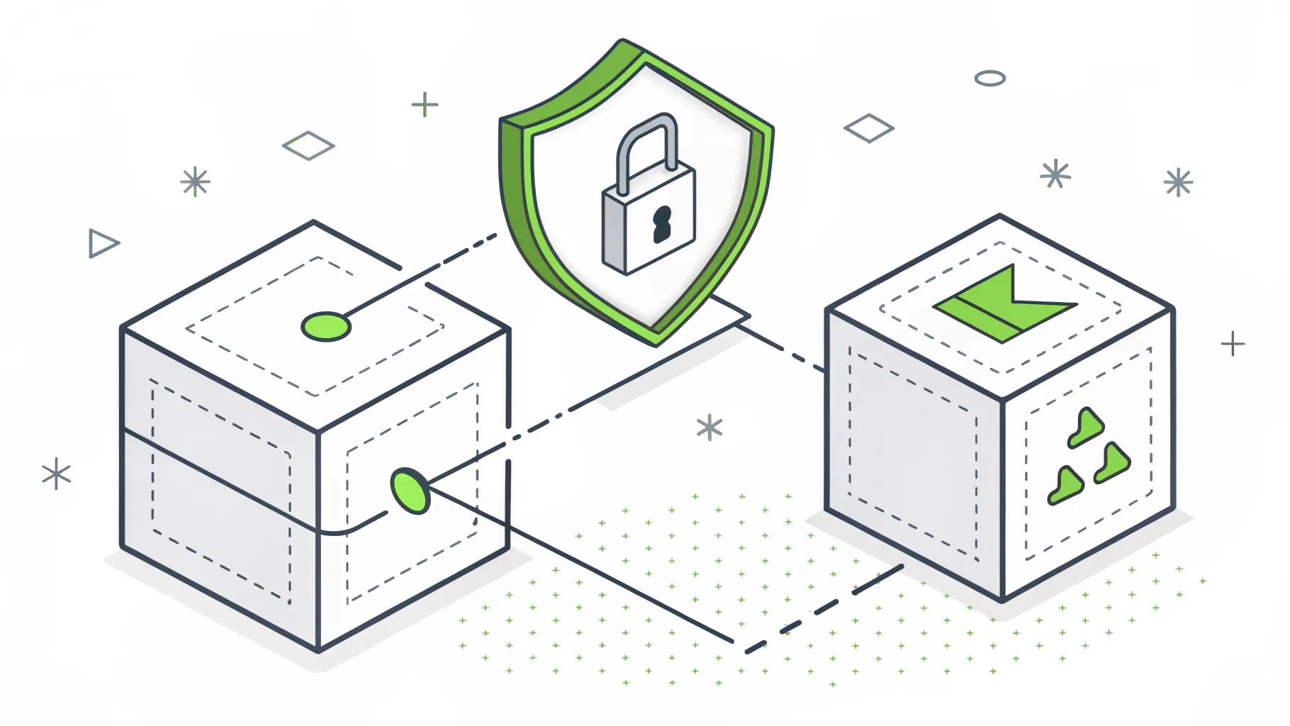 Two company systems joined by a connection, with a security shield and padlock between them