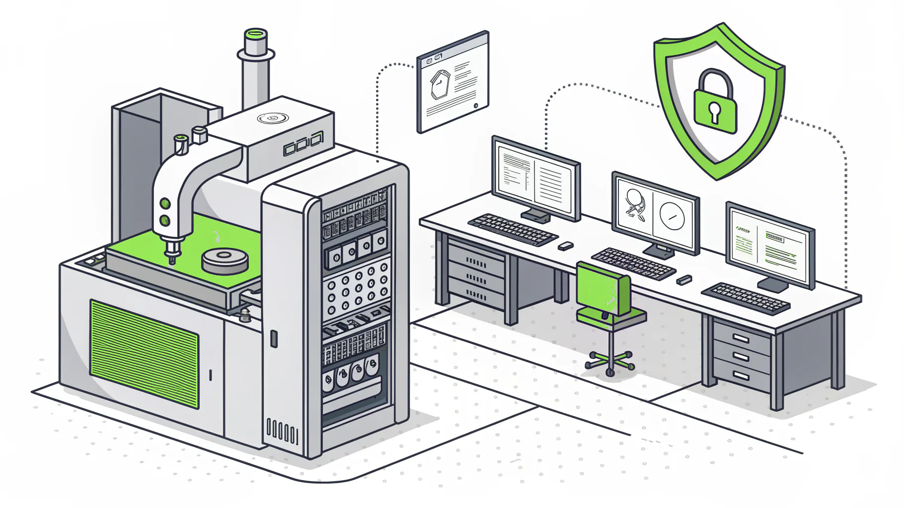 A CNC machine and server rack on a factory floor separated from office computers by a green shield with a padlock, representing network segmentation for CMMC scoping