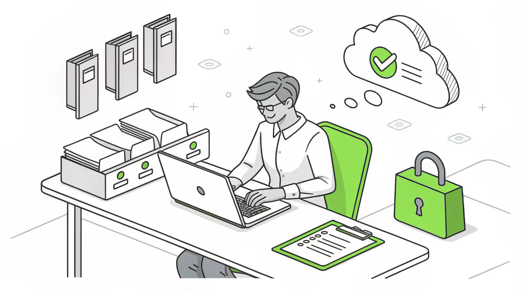 Employee using an AI assistant that pulls documents from company folders, with a padlock and checklist nearby