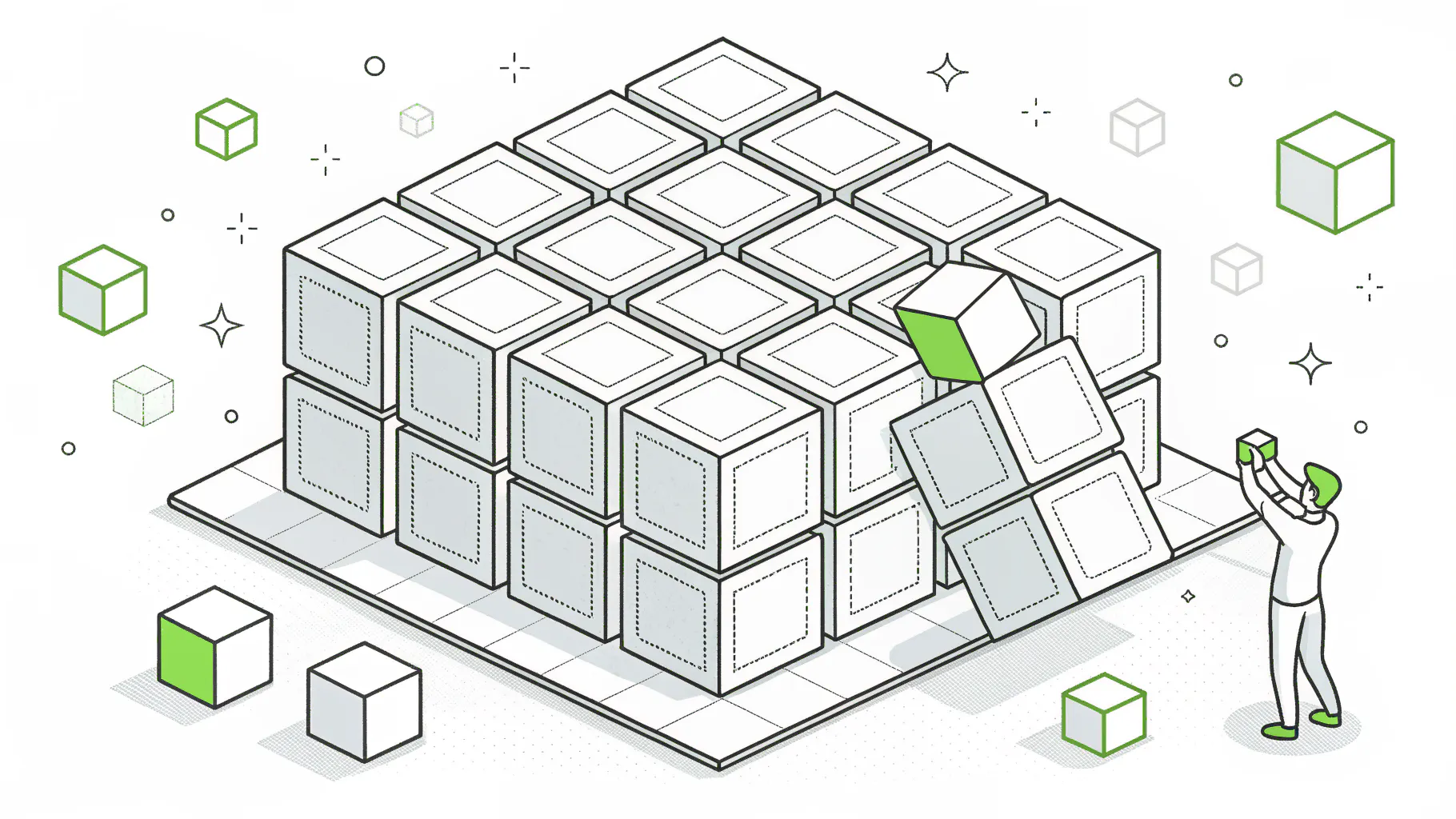 Isometric grid of identical unlabeled blocks with one cluster pulled open, representing dark data nobody has classified