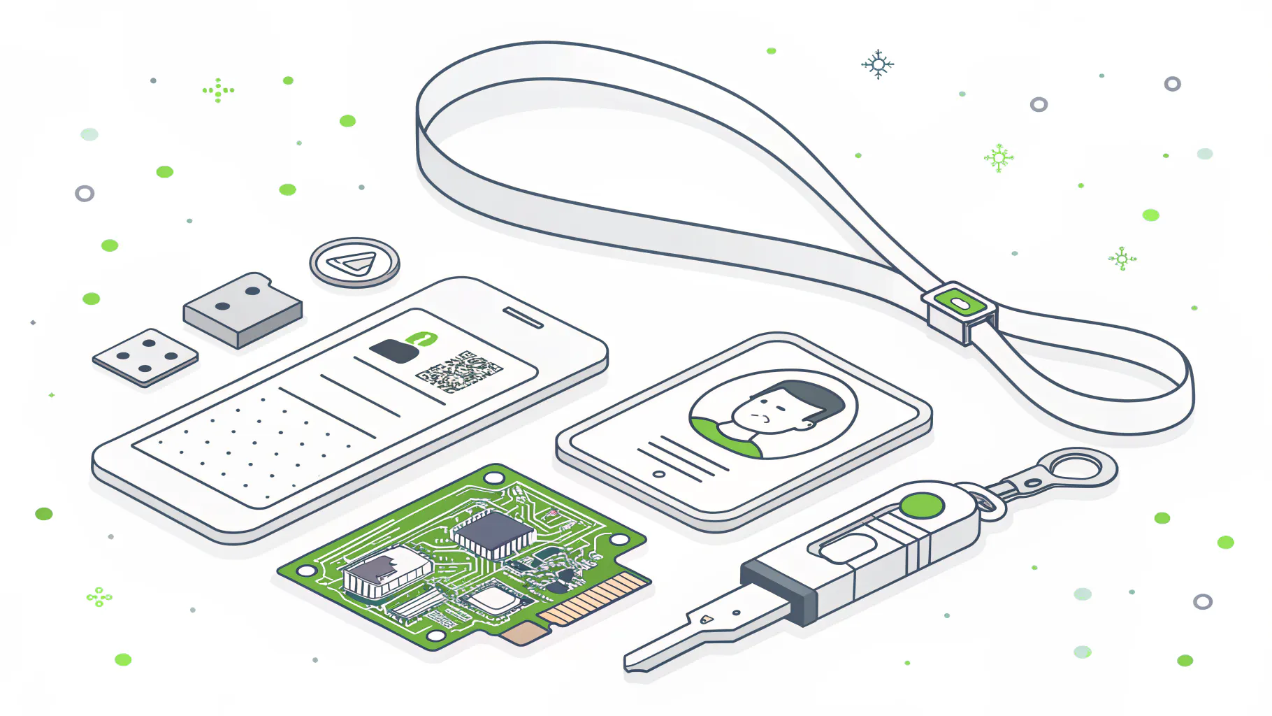 Isometric illustration of a photo ID badge on a lanyard, a USB hardware security key and a circuit board, representing badge and FIDO2 authentication on production floors where personal phones are not allowed