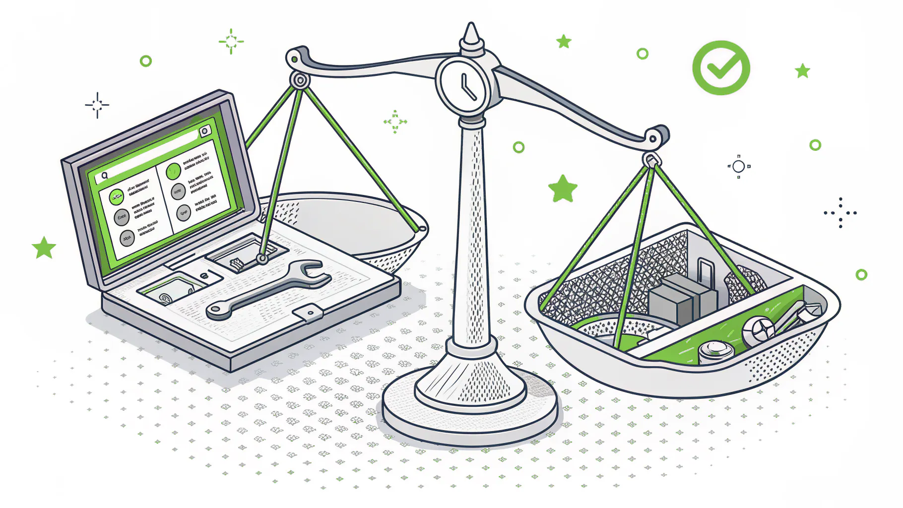 A balance scale weighing a compliance software dashboard against a toolbox