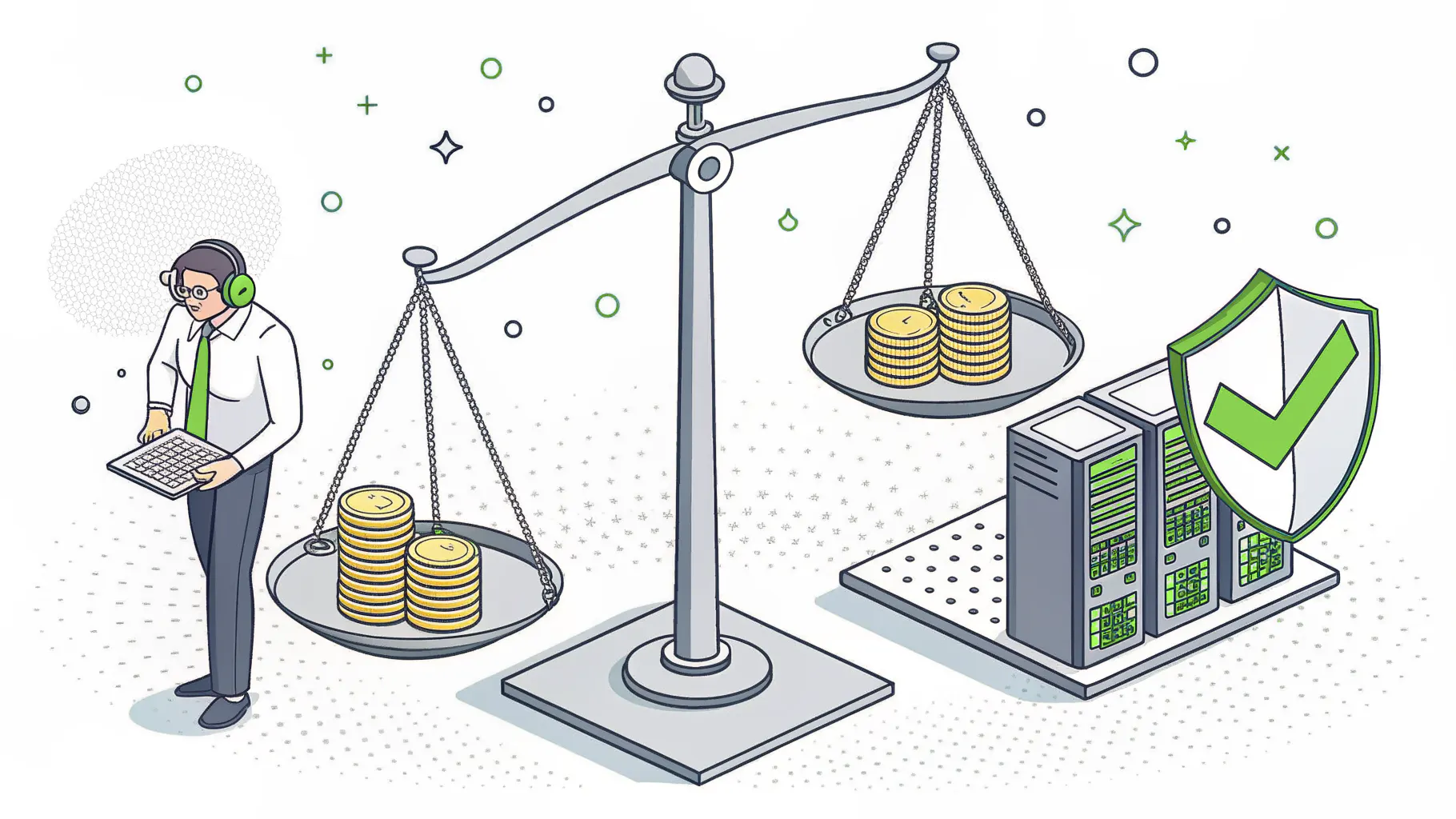 Balance scale weighing a stack of coins and an in-house IT employee against a server rack with a support headset and security shield, representing fully loaded in-house IT cost versus co-managed IT cost
