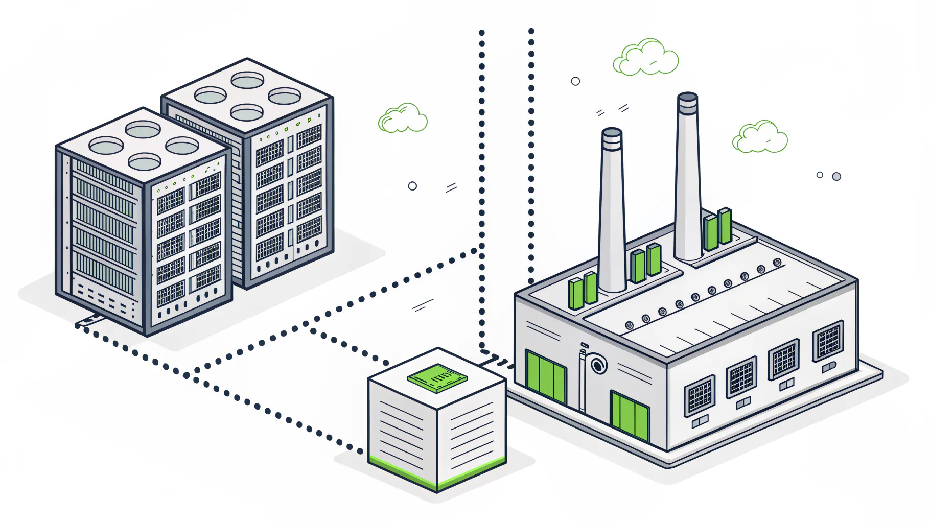 Corporate servers and a factory separated by a single gateway that all traffic passes through, representing an industrial DMZ between IT and OT networks