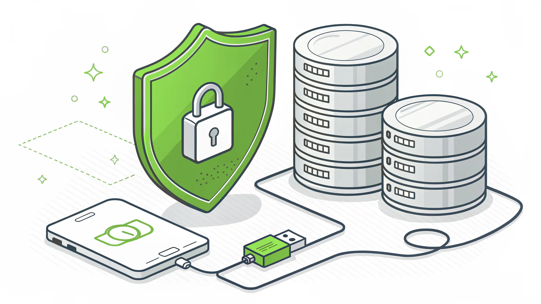 A green shield with a padlock in front of database stacks and a separate offline drive, representing protected, offline backups