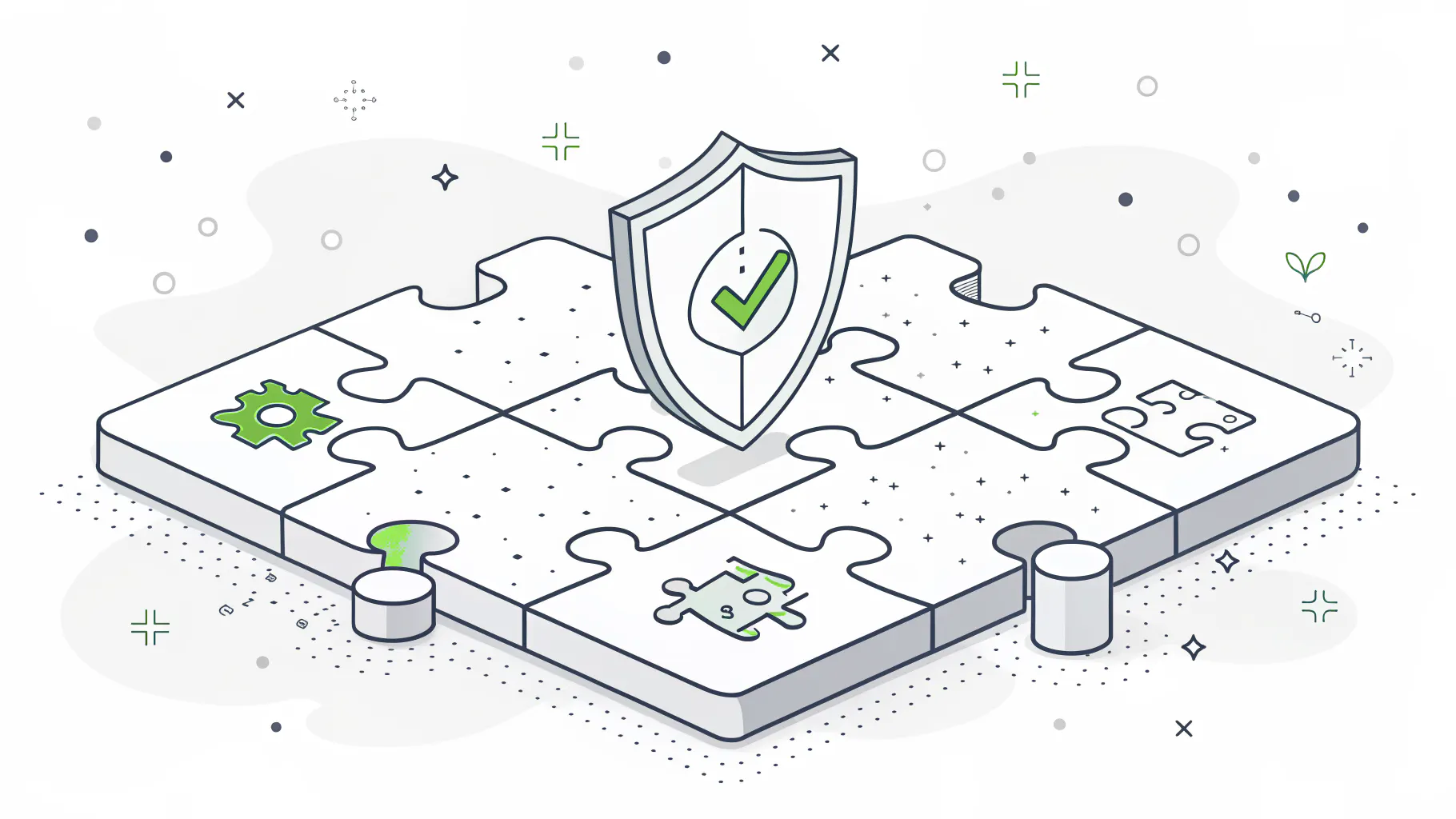 Isometric illustration of interlocking puzzle pieces around a central shield, representing how IEC 62443 aligns with NIST CSF 2.0, SEMI E187 and CMMC