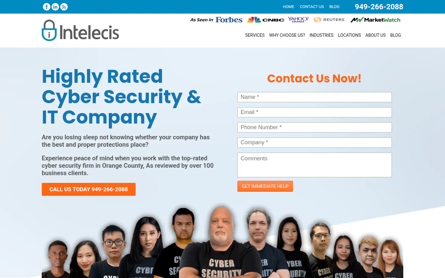 Intelecis homepage showing Fullerton cybersecurity and CMMC compliance services