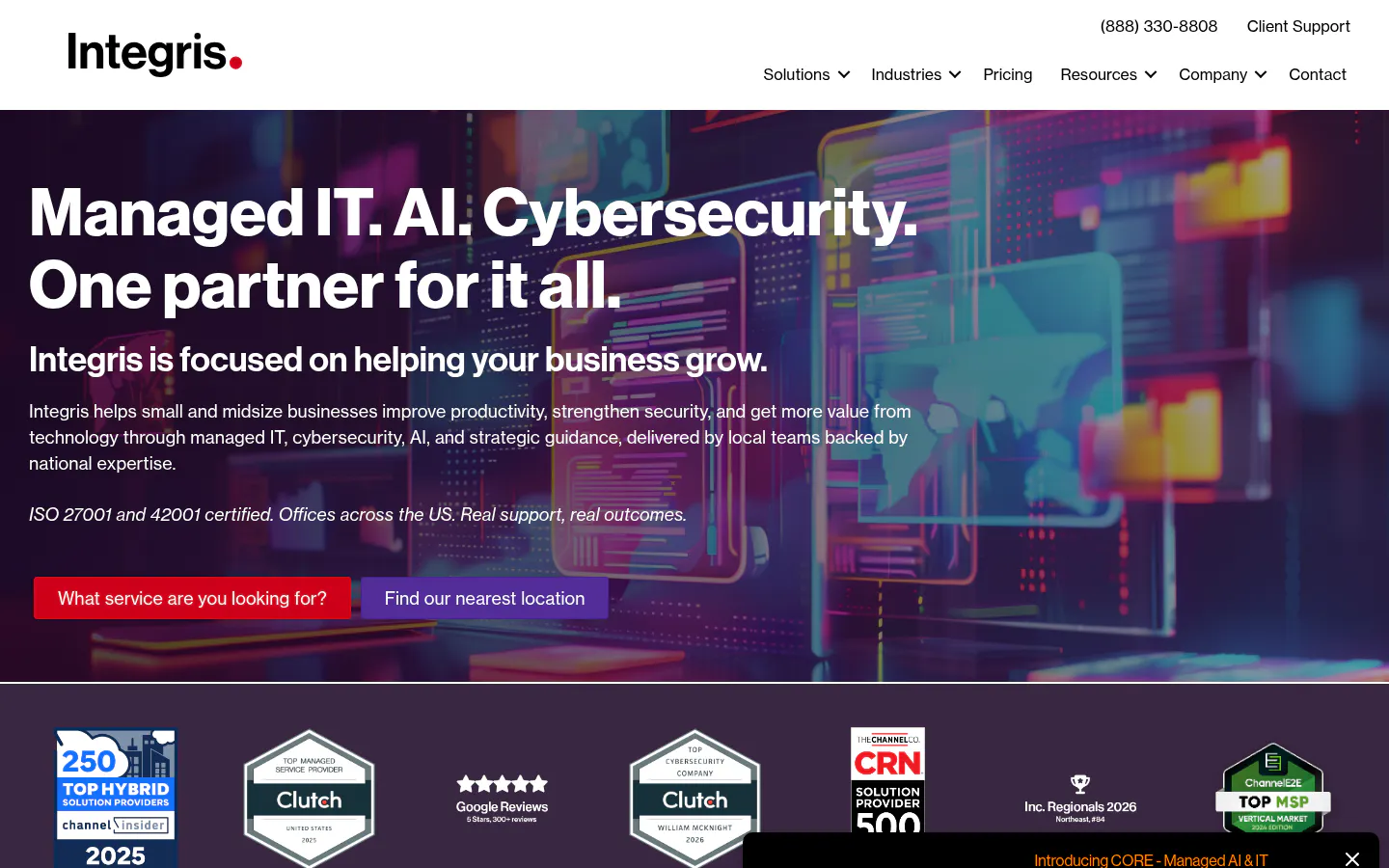 The Integris homepage at integrisit.com, where TechMD now redirects, captured August 2026
