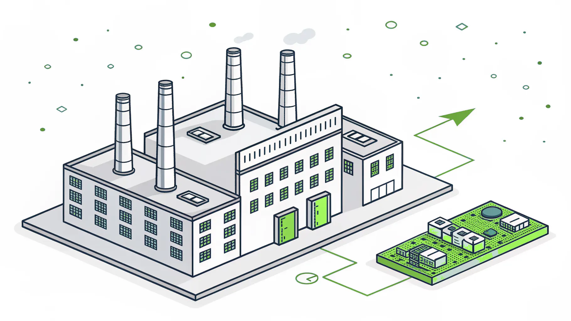 Manufacturing plant connected to a circuit board, representing how SEMI E187 requirements flow down the semiconductor supply chain
