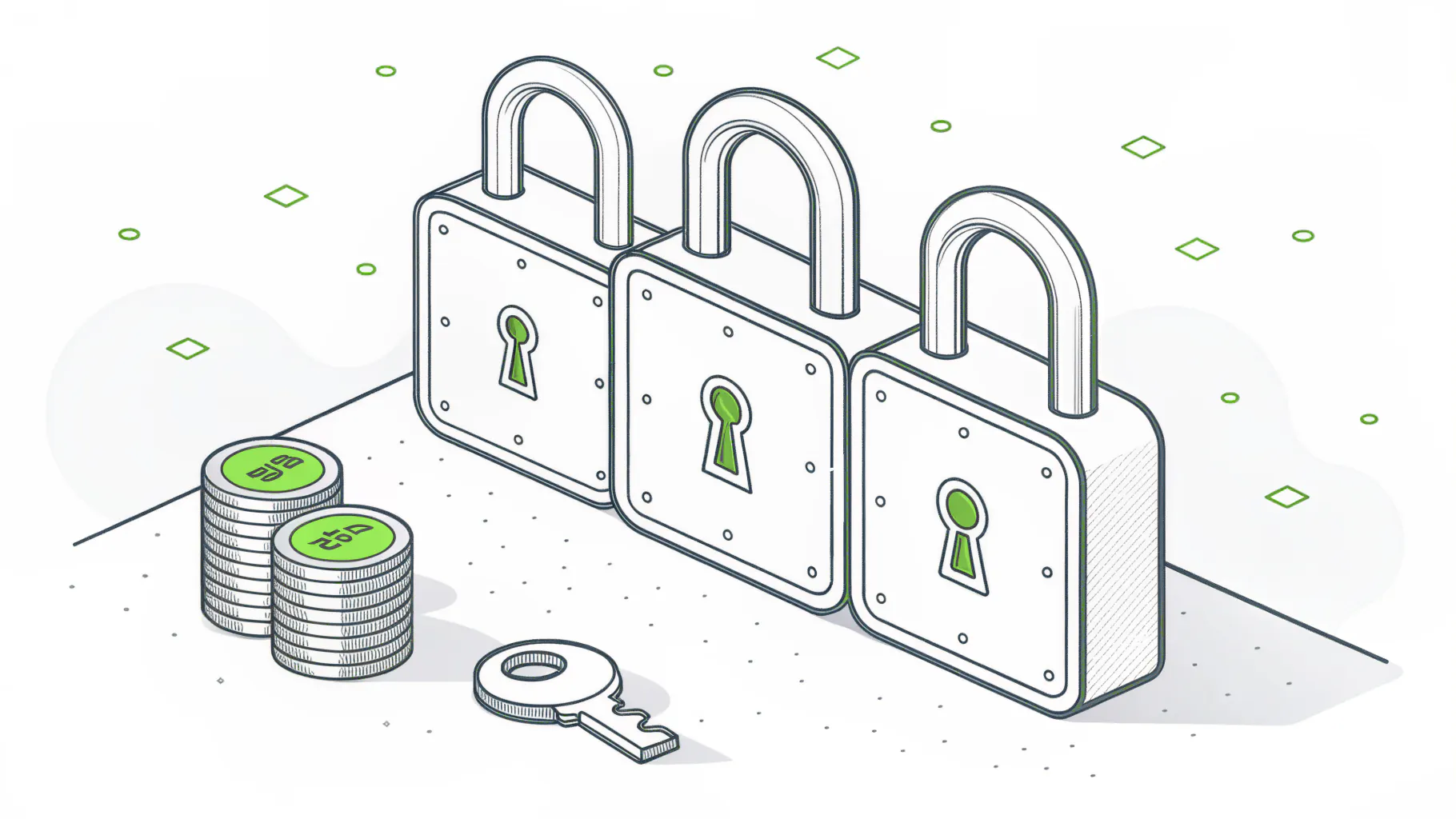 Three padlocks of increasing size with a key and coins, representing Microsoft 365 license tiers and what each unlocks