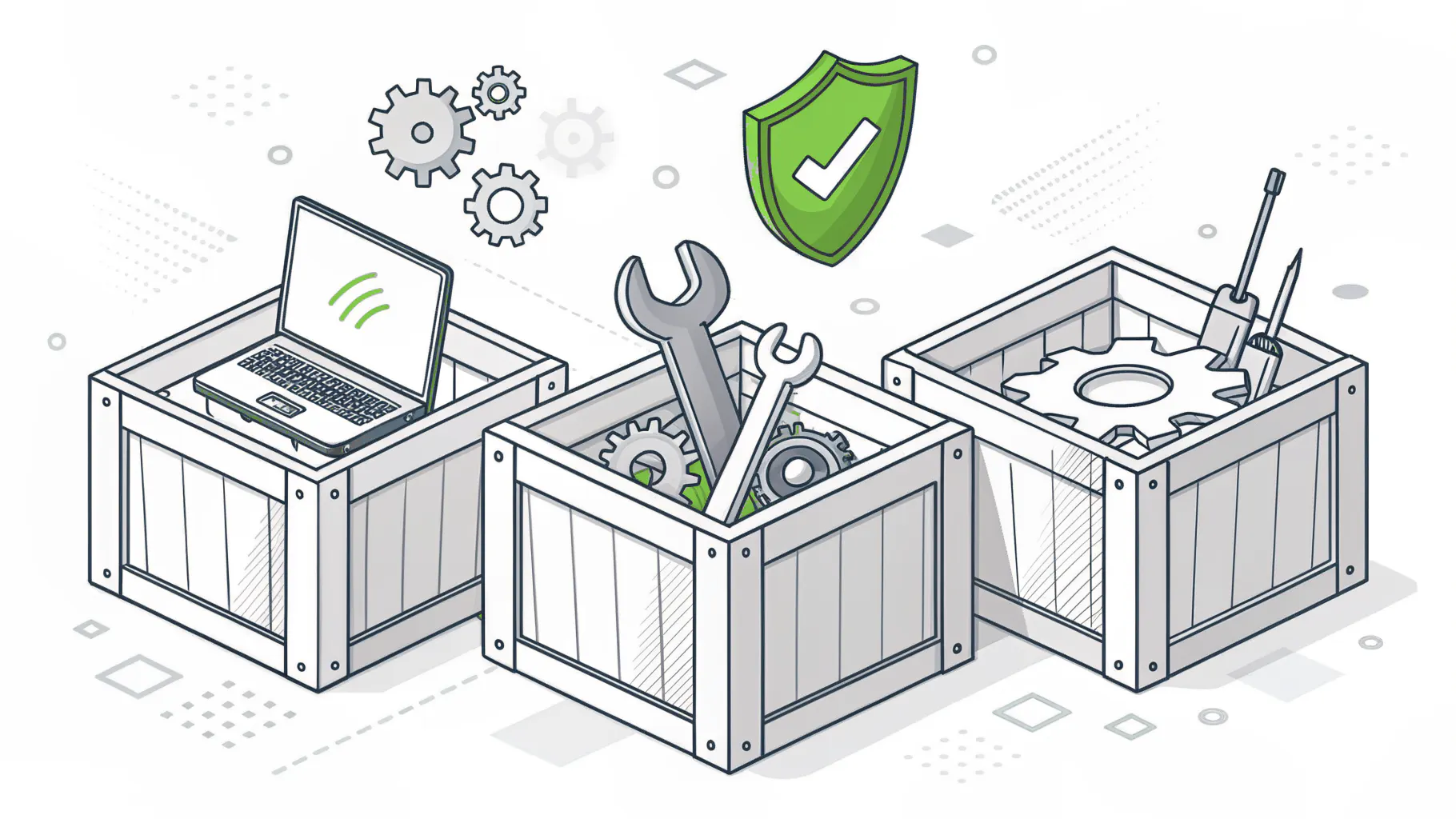Three crates holding a laptop, tools, and gears under a security shield, representing monthly support, projects, and separate services
