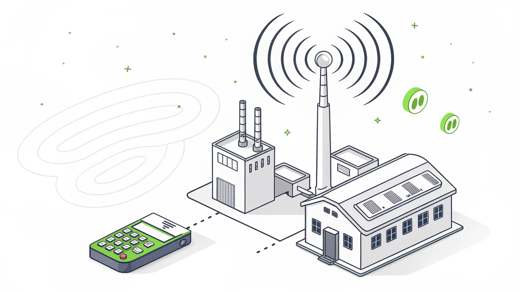 Isometric illustration of an antenna radiating concentric signal arcs over a manufacturing plant with a handheld barcode scanner nearby, representing industrial wireless network design and RF interference on a production floor