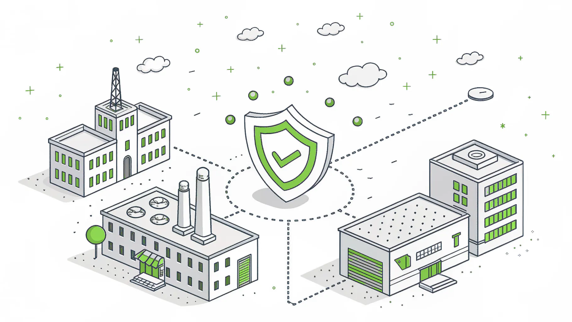 Four buildings, a factory, a warehouse, an office tower and a studio, each connected by a dotted line to one central security shield