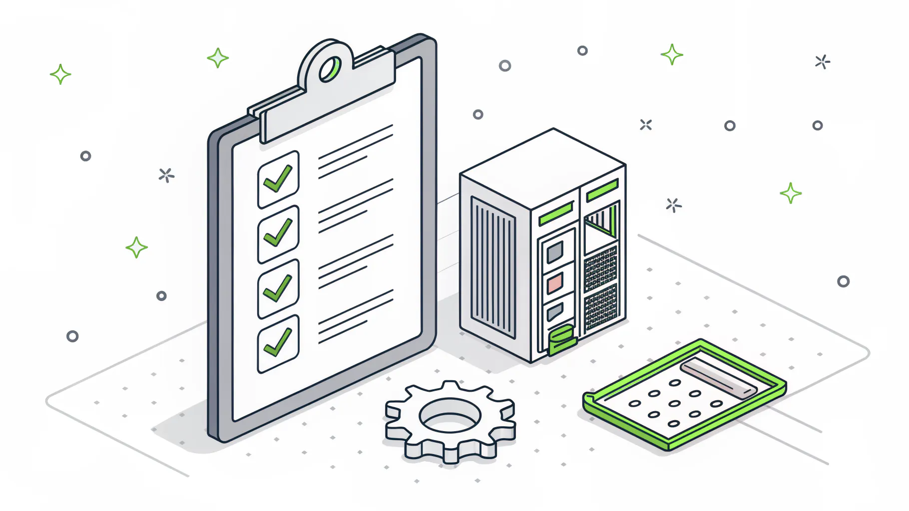 Isometric illustration of a clipboard with completed checkmarks beside a server rack and a gear, representing a NIST CSF 2.0 gap assessment
