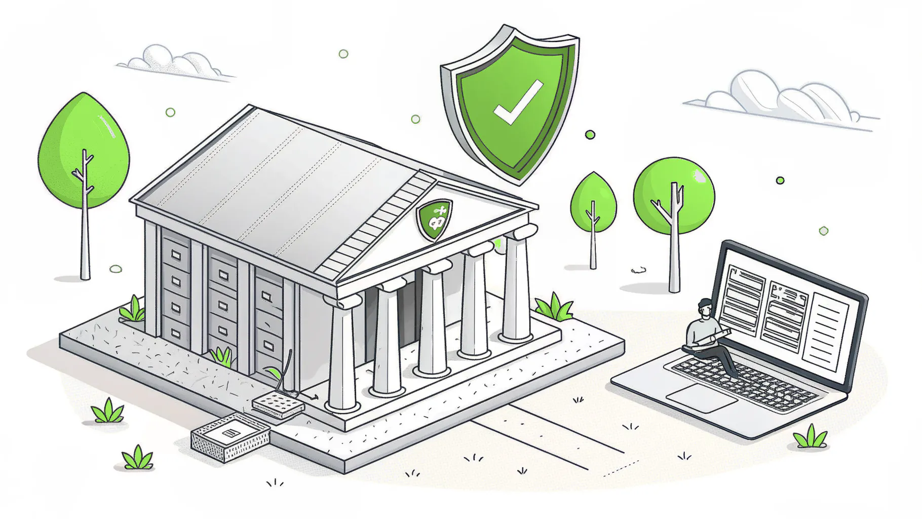 Isometric illustration of a bank building under a green security shield with a server rack and laptop