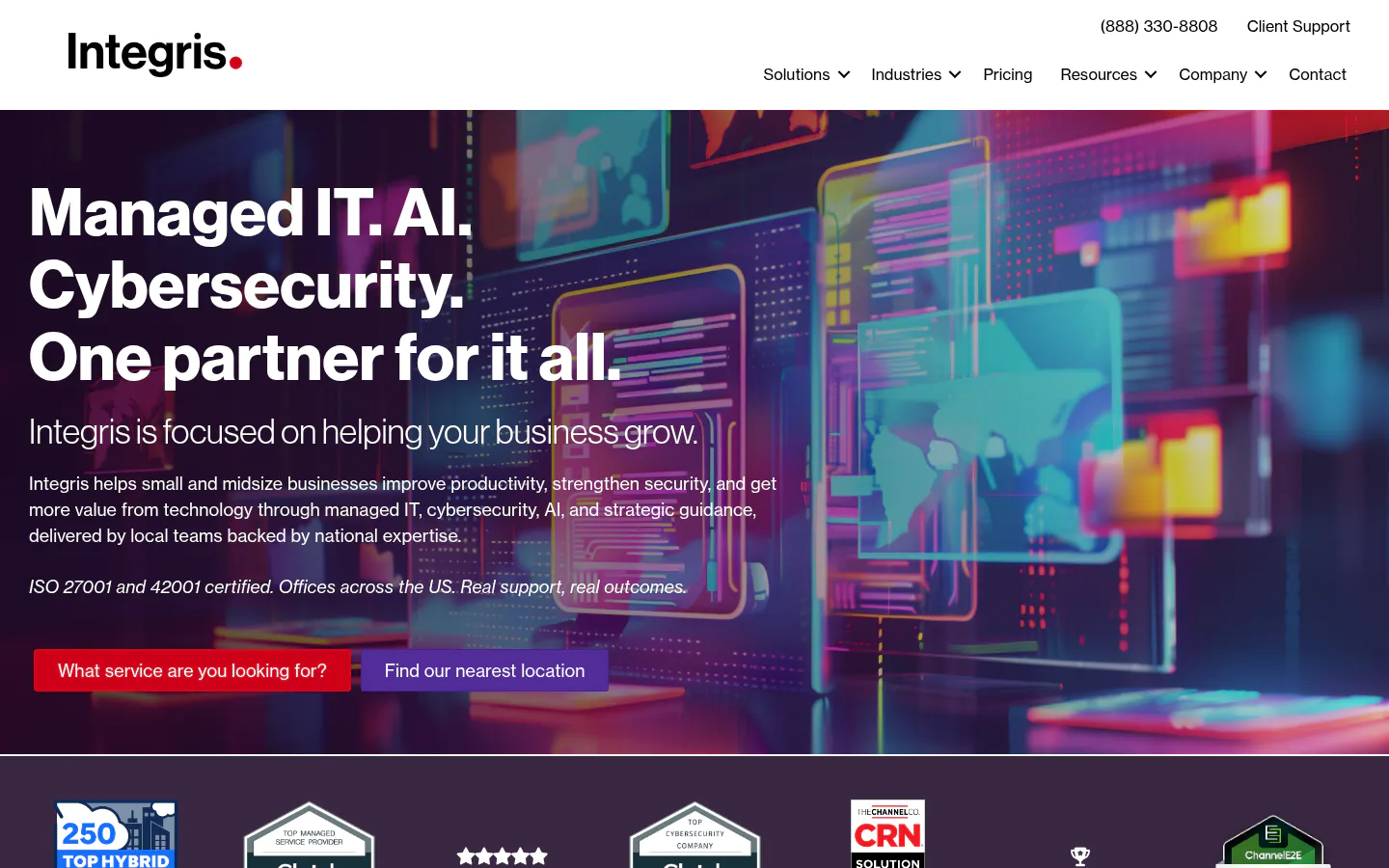 Integris homepage showing national managed IT and cybersecurity platform