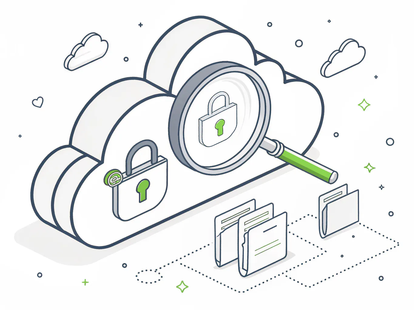 Magnifying glass over a cloud with an open padlock and exposed file folders