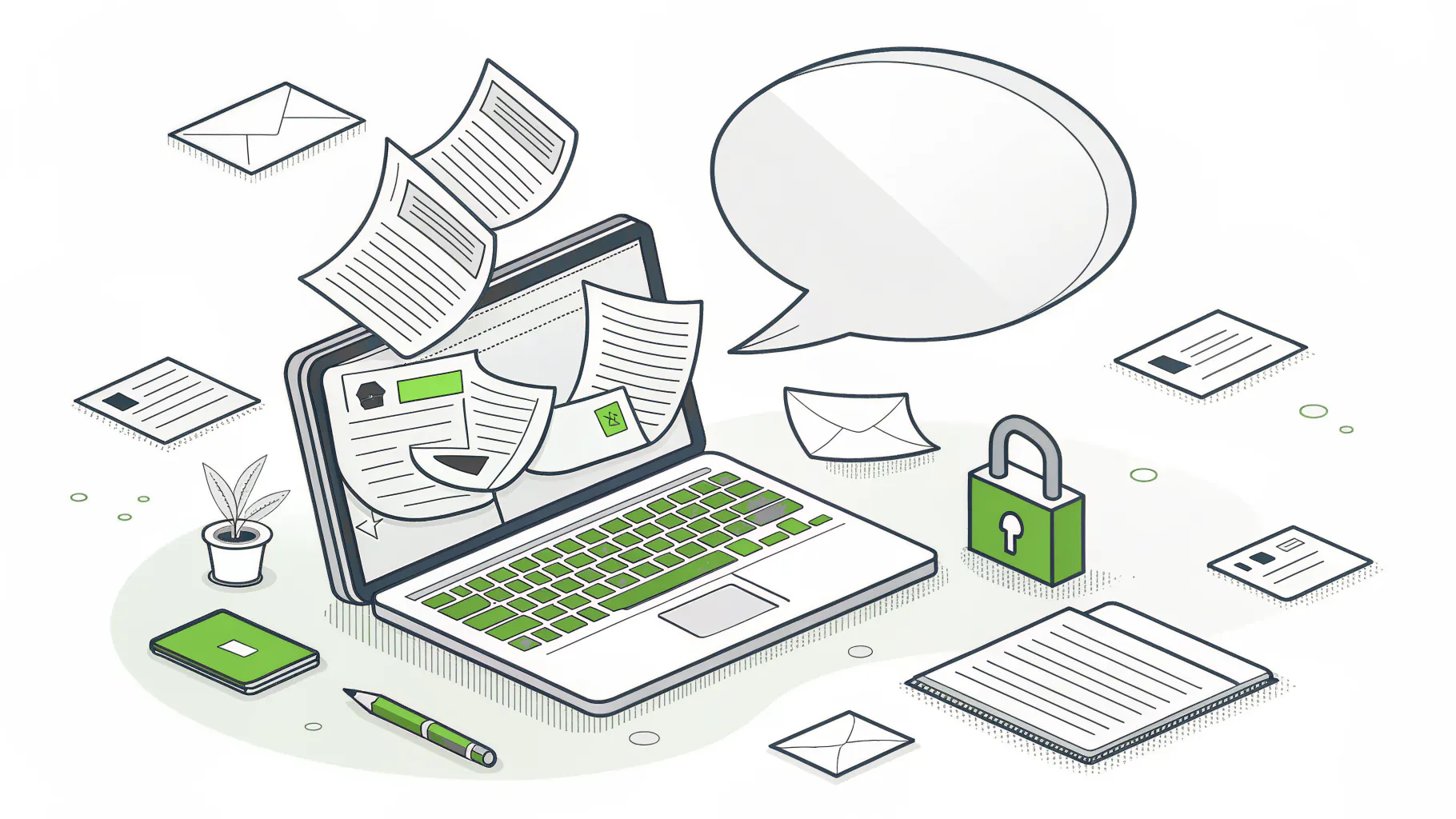 Blank document sheets drifting out of a laptop toward an AI chat bubble