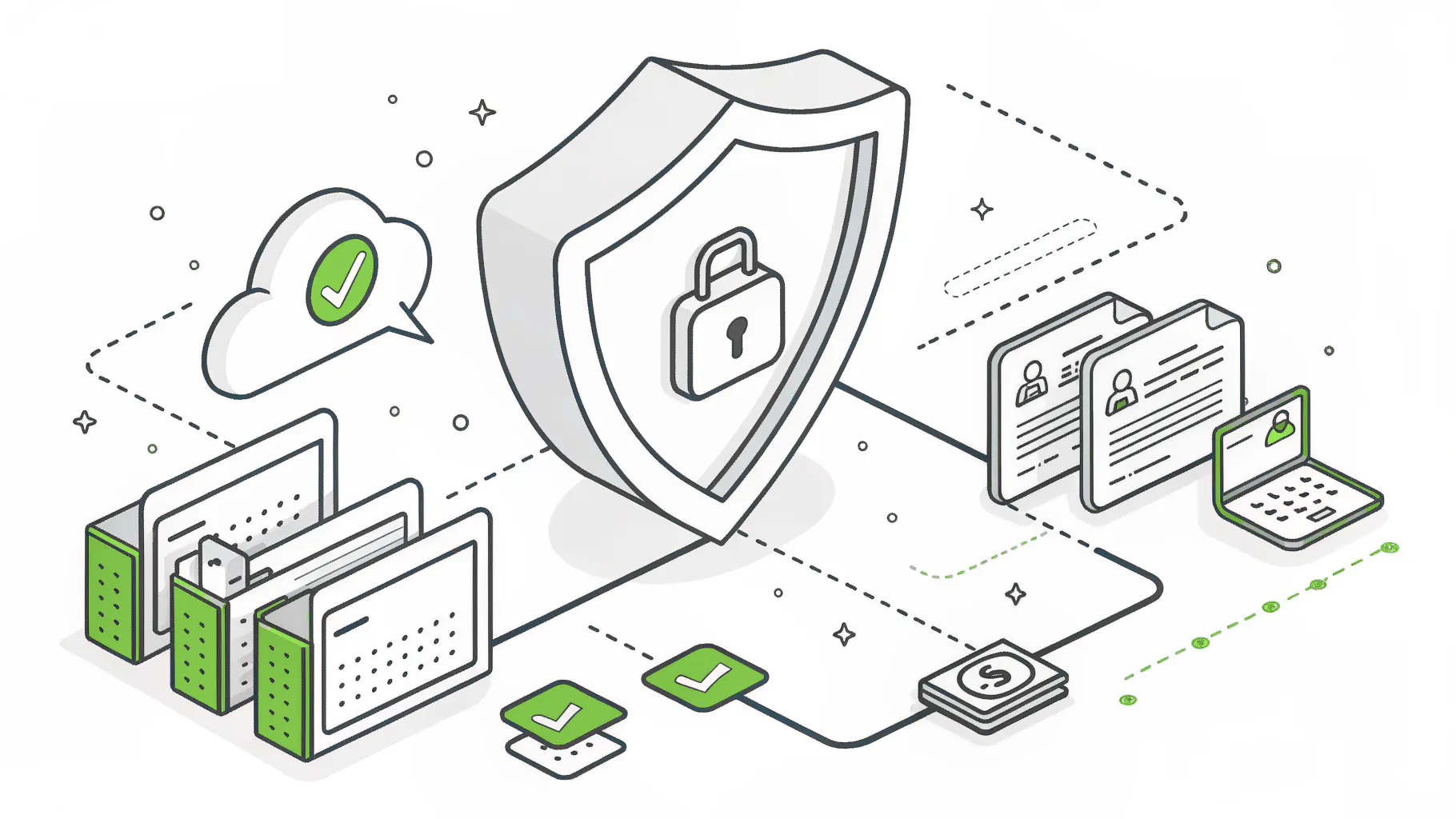 A shield protecting three AI chat windows that are connected to company files and a cloud