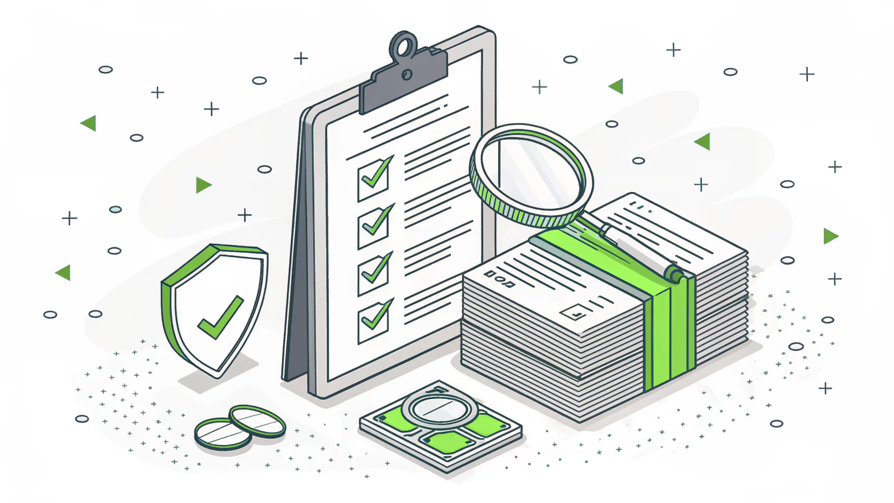 Clipboard checklist, magnifying glass, and sorted document stacks beside a security shield, representing a practical IP protection program for electronics manufacturers