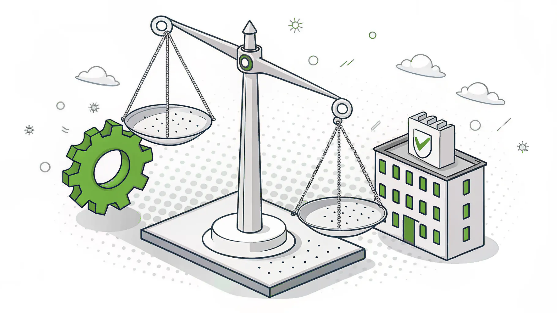 A balance scale between a gear and a factory building, representing a manufacturing managed IT budget weighed line by line